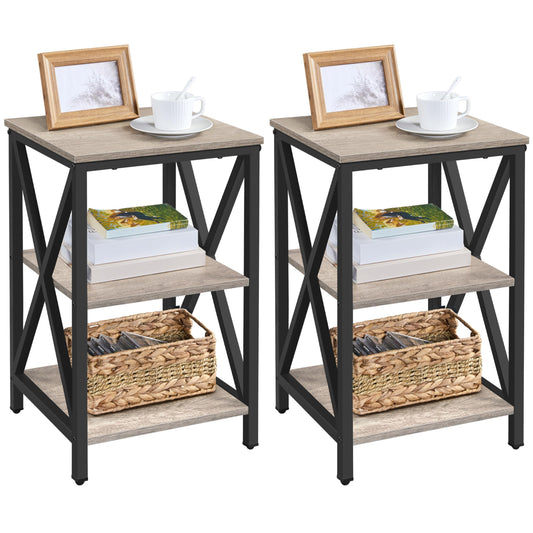 Yaheetech Industrial End Tables Set of 2, 3-Tier Side Tables with Storage Shelves for Living Room, X Design Sofa Tables, Strong Metal Frame, Easy Assembly, 16x16x24.5 in, Gray
