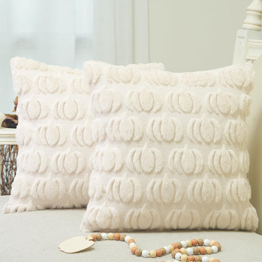 GEEORY Fall Pillow Covers 18 x 18 Inch Set of 2, Fall Decorations Pumpkins Soft Plush Fluffy Faux Fur Wool Decorative Autumn Thanksgiving Farmhouse Cushion Case for Sofa Beige GC002-18