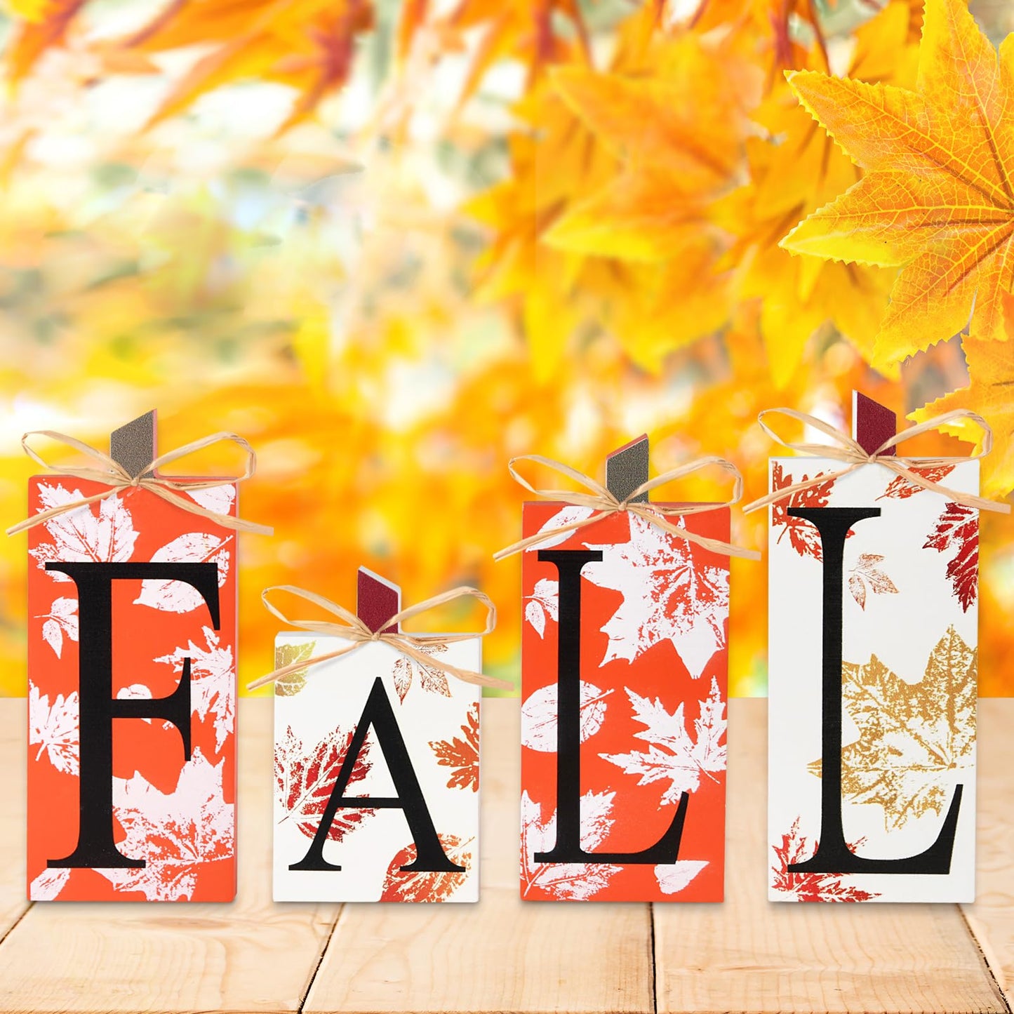 Fall Decorations for Home - 4 PCS Wood Fall Lettered Pumpkin Sign Block Set Autumn Centerpieces Decor for Tables Tabletop Desk Tiered Tray Farmhouse Harvest Thanksgiving Office Indoor Party Decor