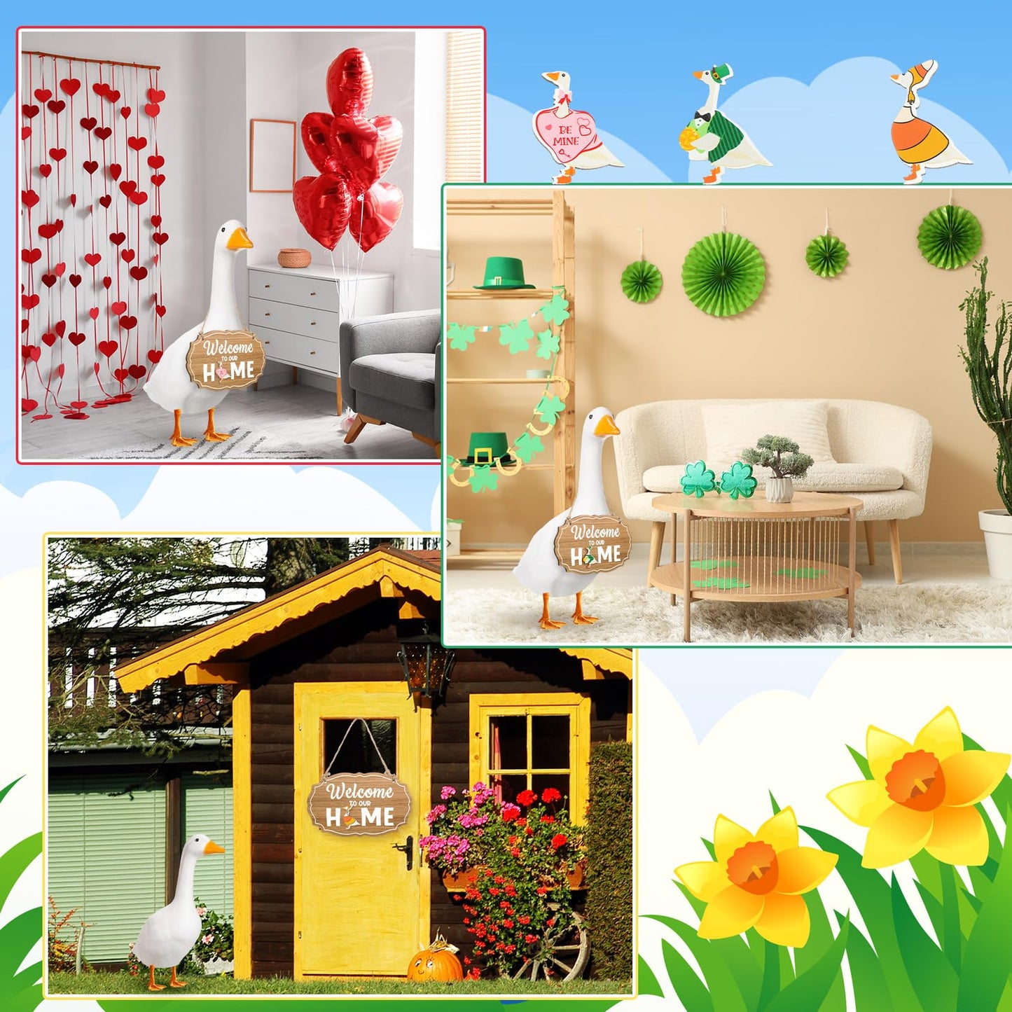 Memorywuu 16 Pcs Interchangeable Porch Goose Welcome Sign Seasonal Holiday Goose Sign with Wooden Holiday Geese Magnetic for 23"Cement Plastic Porch Geese Outdoor Statue Patio(Brown,Oval)