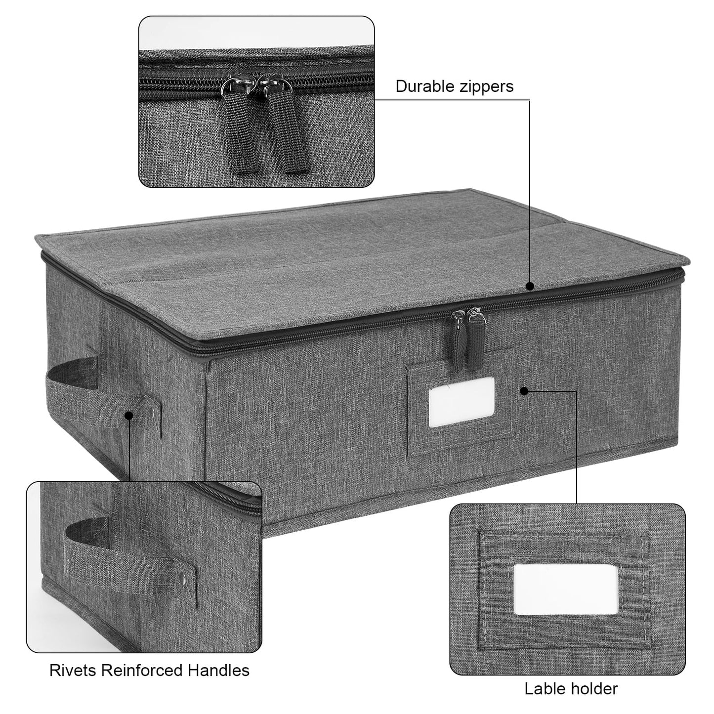 Platter Storage Case, China Storage Containers Hard Shell 17" x 13" x 6", 5 Felt Dividers Included, Structured Top and Stackable (Linen Grey)