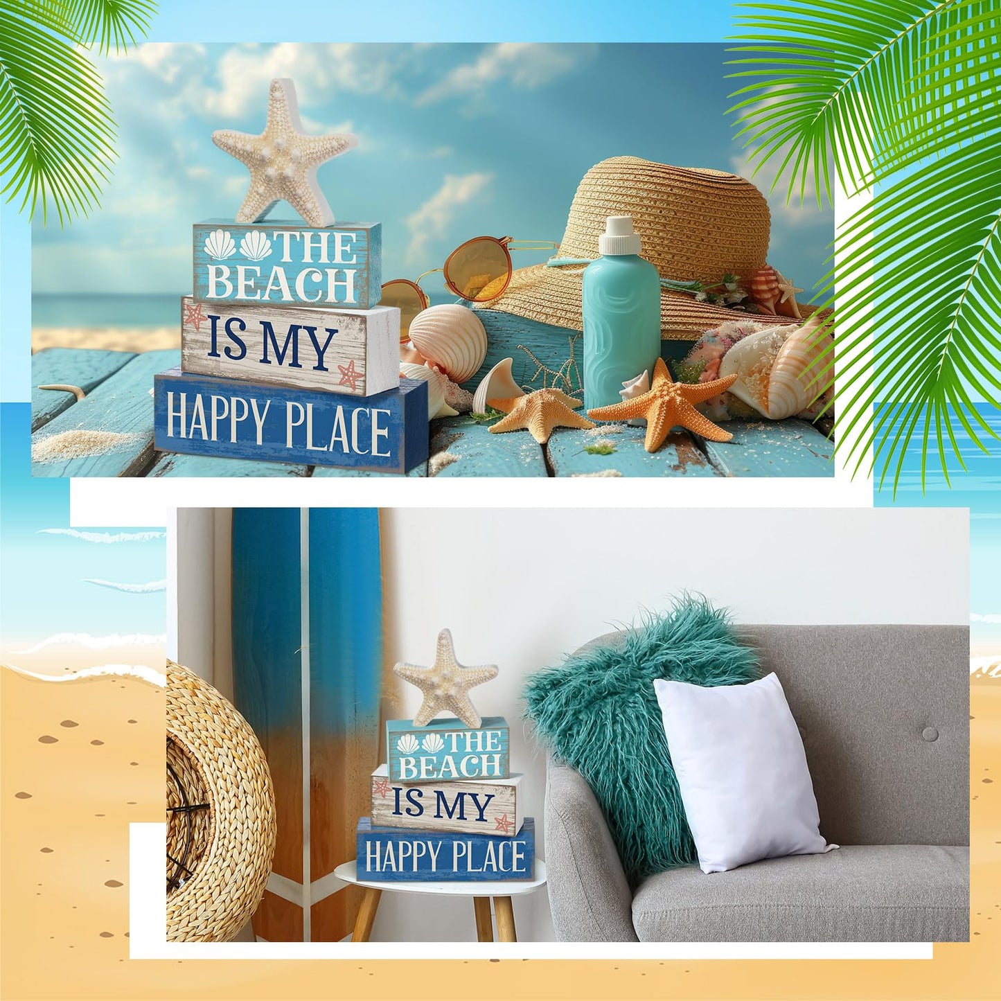 Moucuny 4 Pcs Summer Beach Tiered Tray Decor Ocean Starfish Shell Table Centerpieces Summer Rustic Decorative Starfish Block Signs Gift Farmhouse Tabletop Sign for Home Table Kitchen Shelf