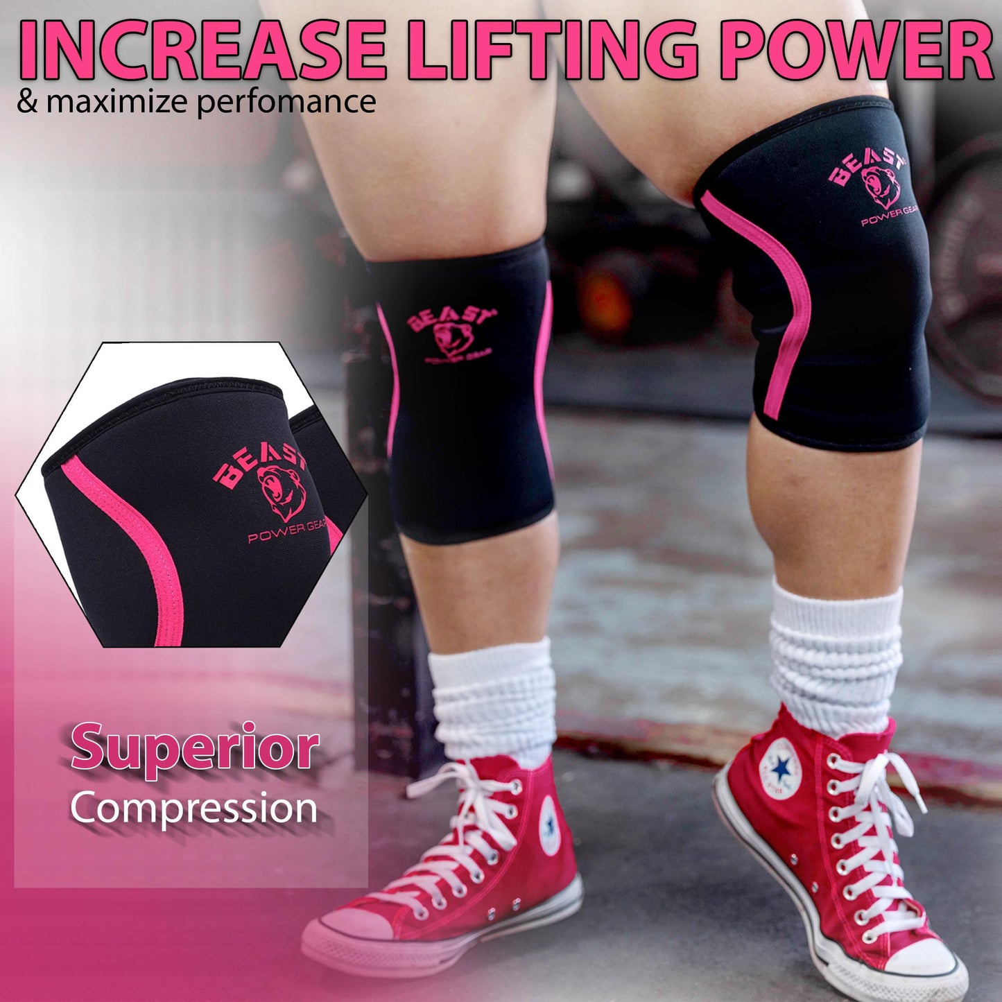 Beastpowergear Neoprene Compression Knee Sleeves 7MM Support for Squats, Gym CrossFit Training, Powerlifting, Weightlifting, Wrestling for Men & Women (Black/Pink, Medium)