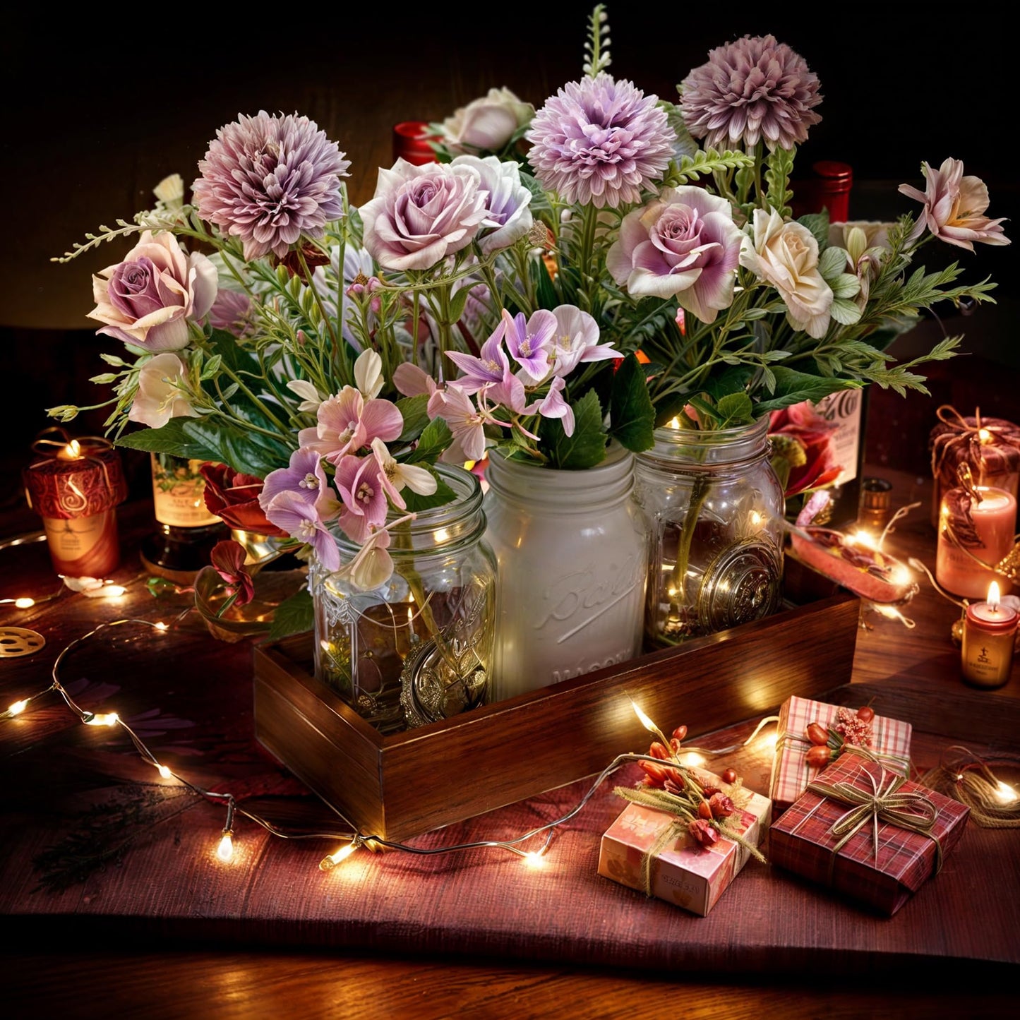 LIOZLIOLY Dining Mason Jar Lights Centerpiece Table Decorations for Dining Room Farmhouse Coffee Table Decor with Wood Tray, 3 Jars Artificial Flowers and Led Light for Kitchen Living Room (Purple)