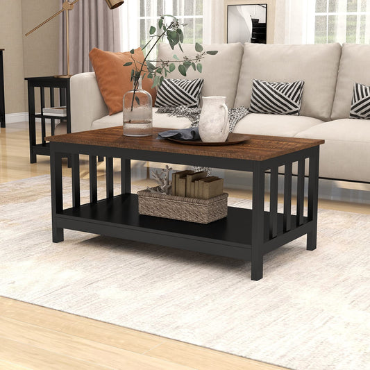 ChooChoo Farmhouse Coffee Table, Black Living Room Table with Shelf, 40 Inch