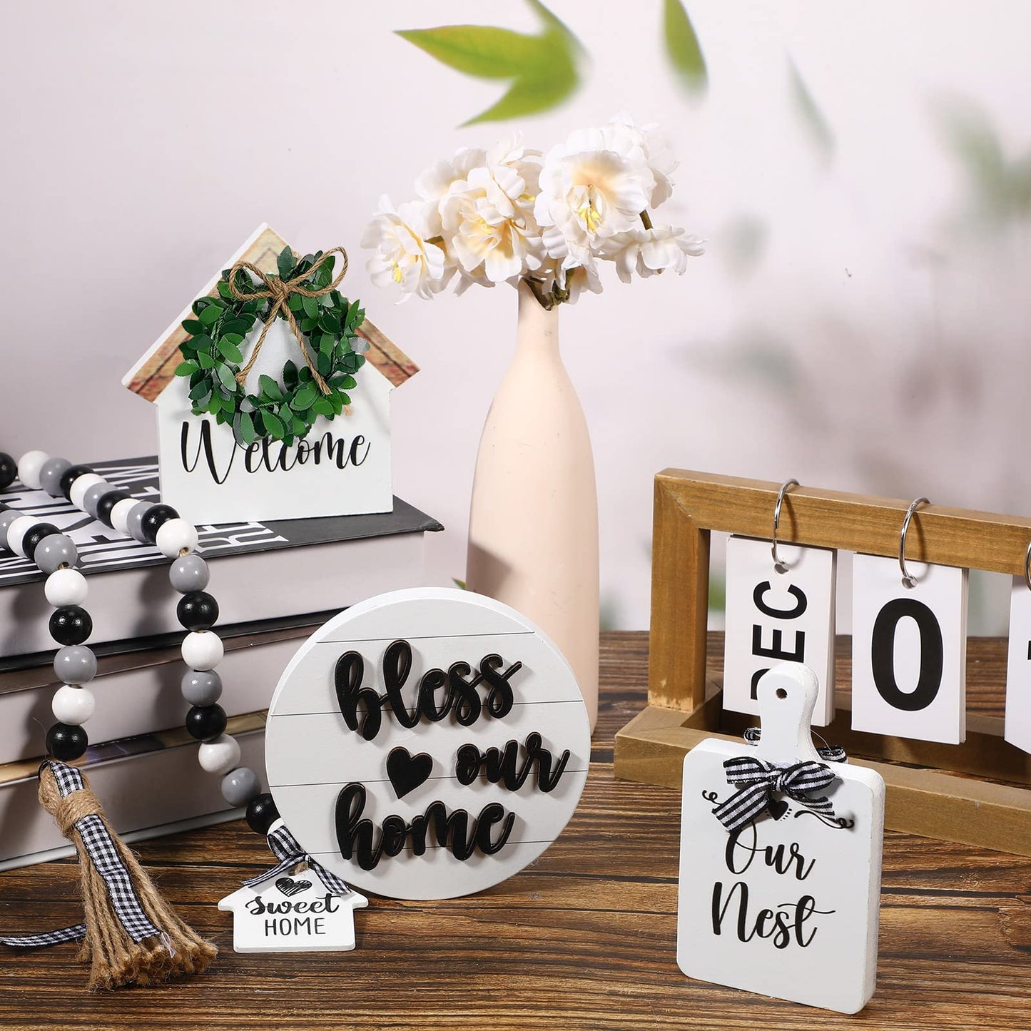 4 Pieces Farmhouse Tiered Tray Decor Set Including House Farmhouse Sign Wooden Small Items Plaid Wood Bead Garland for Home Decor(Simple Style)