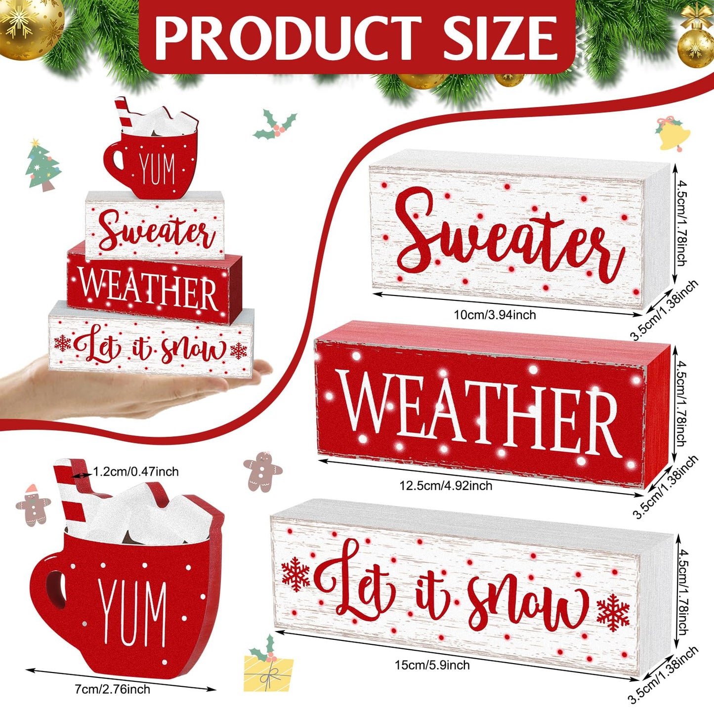 Marsui 4 Pcs Christmas Wooden Tabletop Decor Neutral Christmas Decor Rustic Wooden Hot Cocoa Block Sign Cozy Winter Decorations Gift Farmhouse Xmas Table Centerpiece for Home Office Desk Tiered Tray