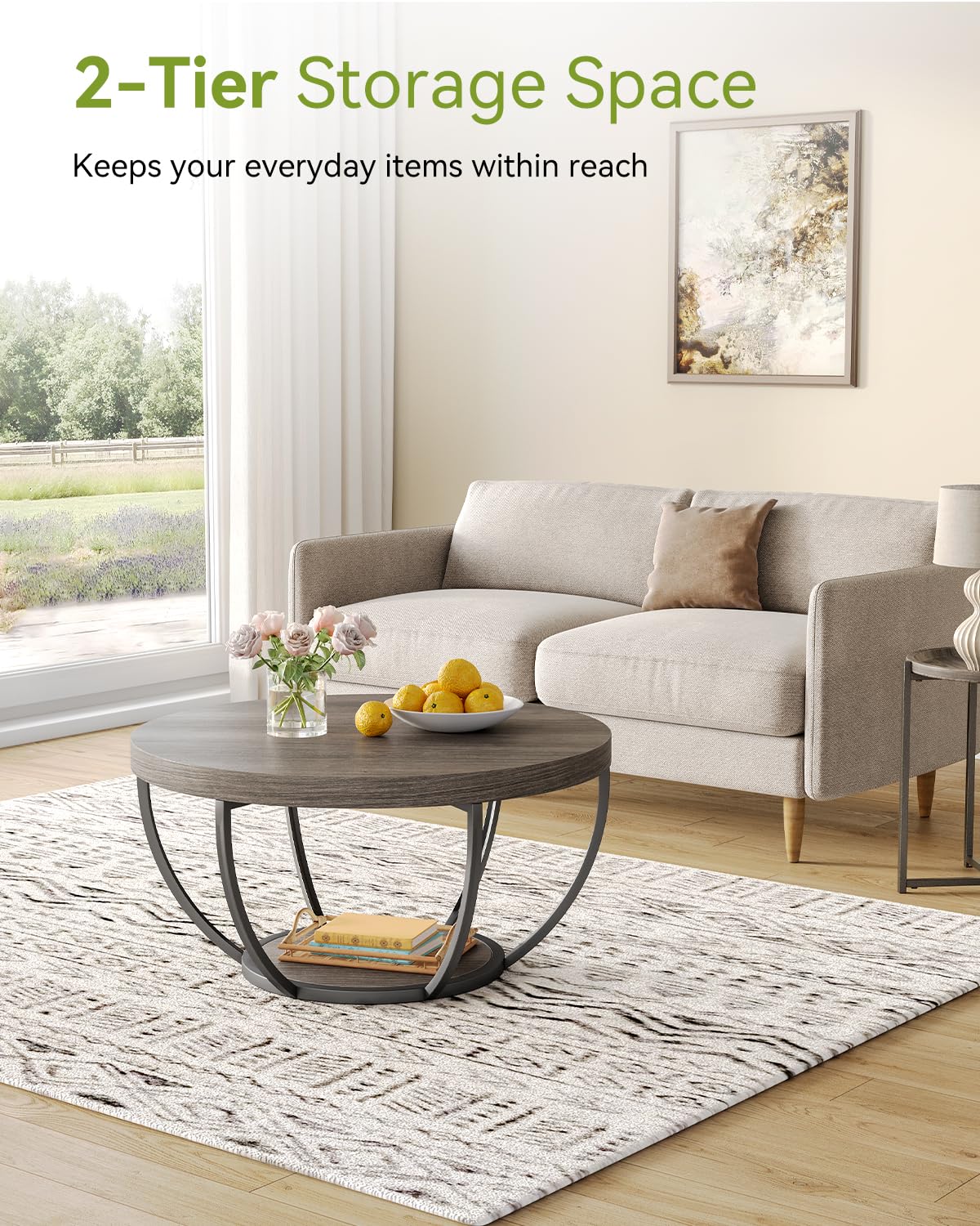 LITTLE TREE Round Coffee Table, 32" Circle Coffee Table for Living Room, 2-Tier Wood Accent Center Table with Open Storage Industrial Design Home Furniture (Grey and Black)