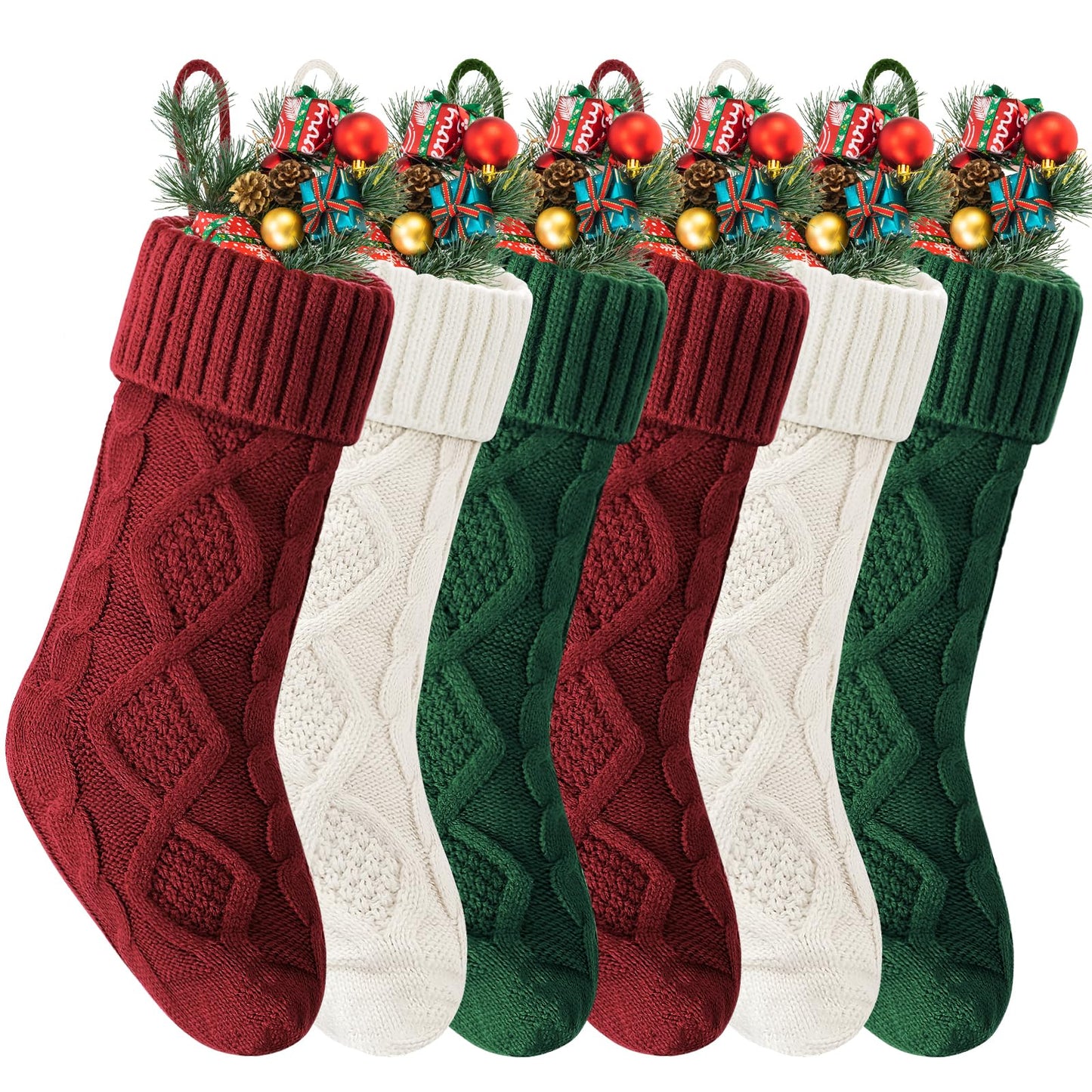 VIBILIA Christmas Stockings 6 Pack, 18 Inches Large Size Knitted Xmas Stocking for Fireplace, Holiday Party Decorations (Green White Red)