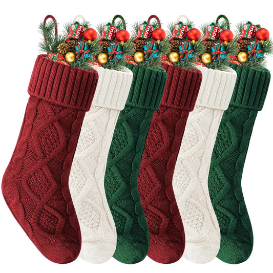 VIBILIA Christmas Stockings 6 Pack, 18 Inches Large Size Knitted Xmas Stocking for Fireplace, Holiday Party Decorations (Green White Red)