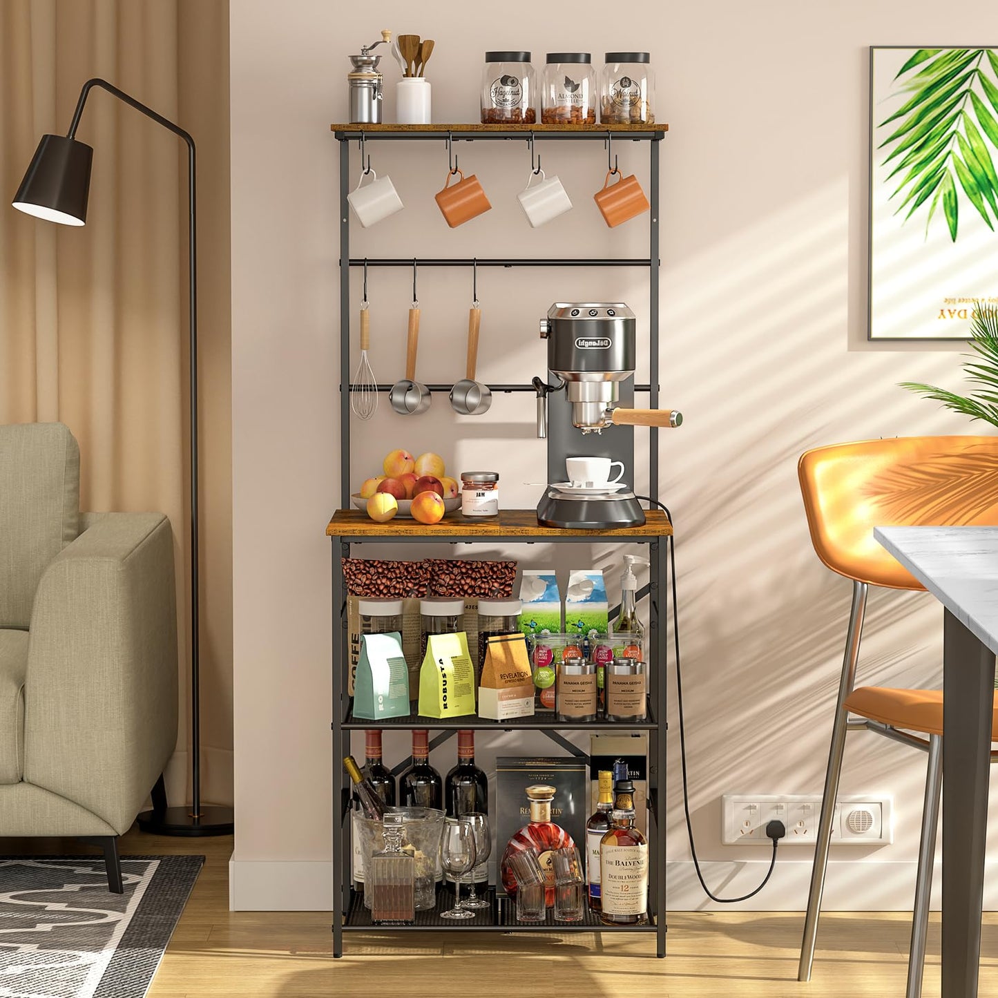 4 Tier Coffee Bar Station, Kitchen Stand with 8 S-Shaped Hooks, Large Space Coffee Station Table, Farmhouse Coffee Bar Shelf, Bakers Rack for for Kitchen, Living Room, 24.41" W x 15.78" D x 57.17" H