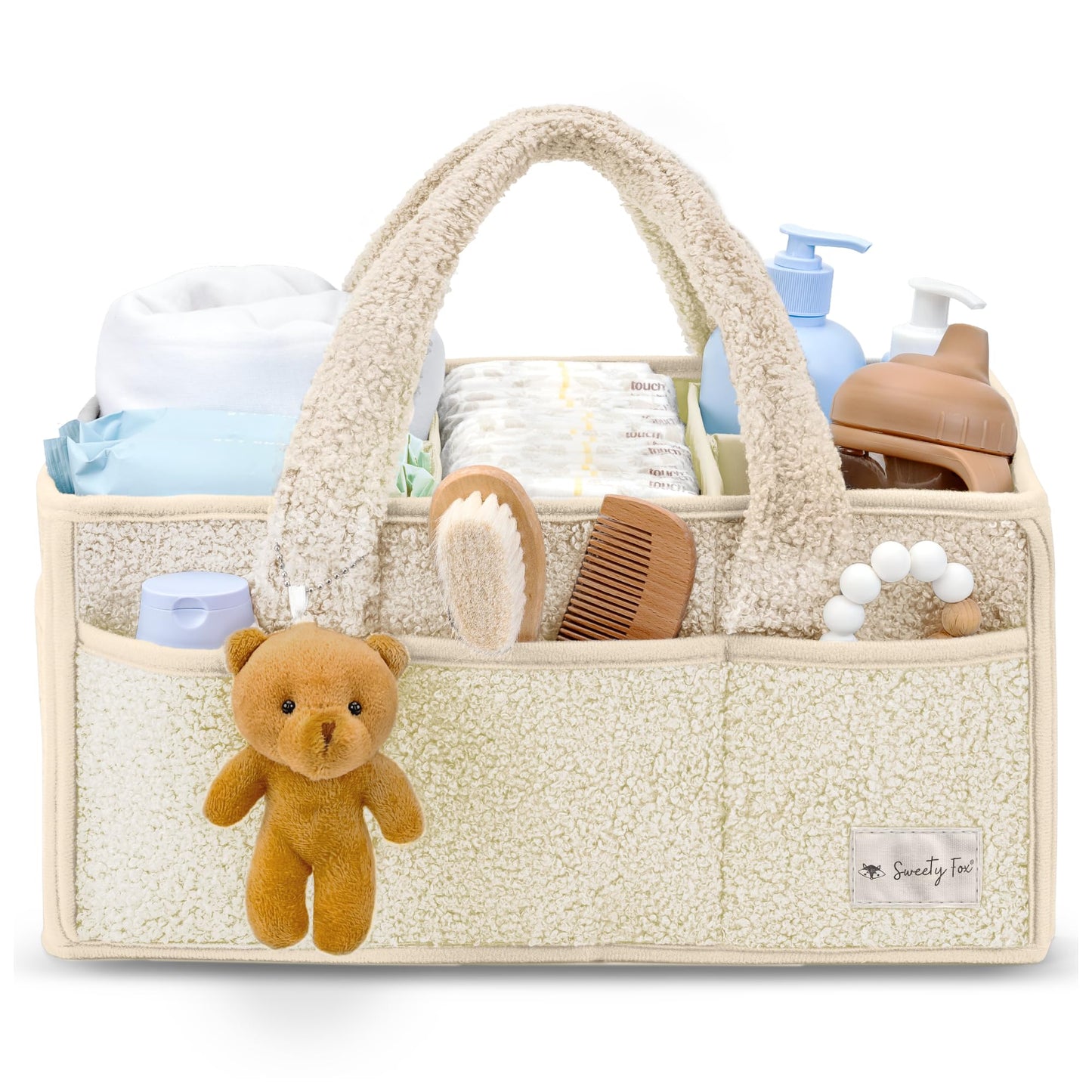Sweety Fox Baby Diaper Caddy Organizer with Handle - Portable Sherpa Nursery Basket - Car Diaper Organizer, Cleaning Caddy, Gift for Baby Shower - Ivory