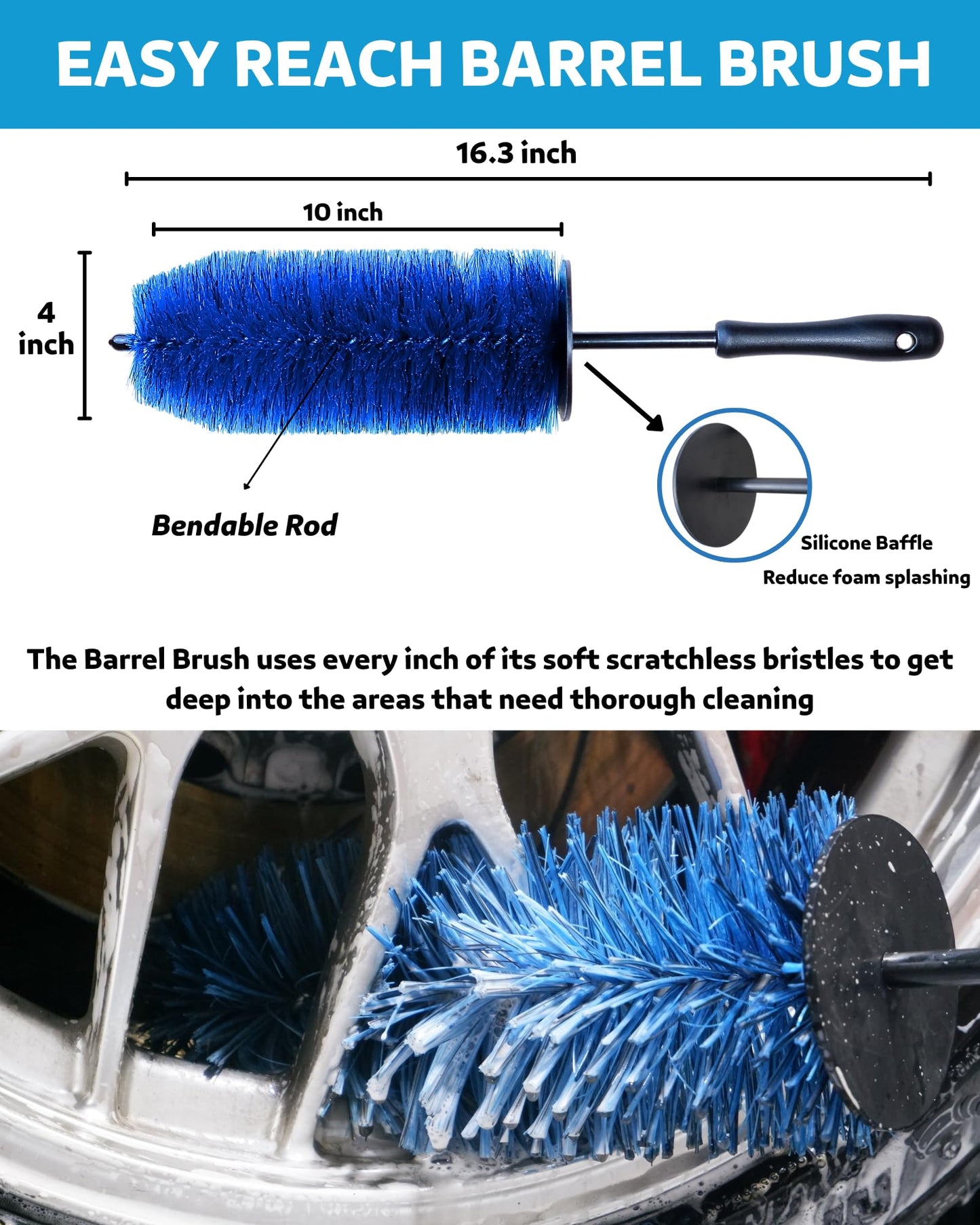 oesee Car Wheel Cleaning Kit: Wheel and Rim Flagged Tip Brush, Bendable Barrel Brush, Wheelie Mitt, Scratch-Free Detail Brush for Rims & Tires - Durable & Multipurpose Clean Wheel Hard to Reach Areas