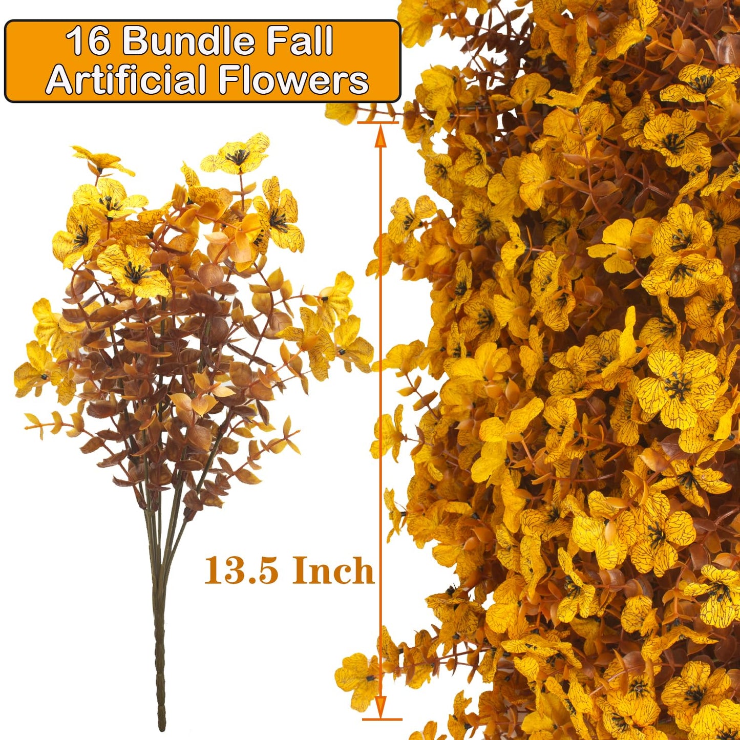 16 Bundles Artificial Fall Mums Outdoor UV Resistant, Fake Silk Plants No Fade Faux Greenery for Garden Porch Patio - Autumn Thanksgiving Christmas Home Decor (Fall Yellow)