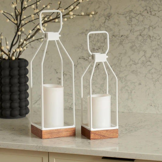 Decorative Lantern Set of 2 for Indoor & Outdoor - Stylish Black Modern Farmhouse Lanterns for Real Candles - Perfect Christmas Centerpiece Decor for Any Porch/Door, Fireplace Mantle or Coffee Table