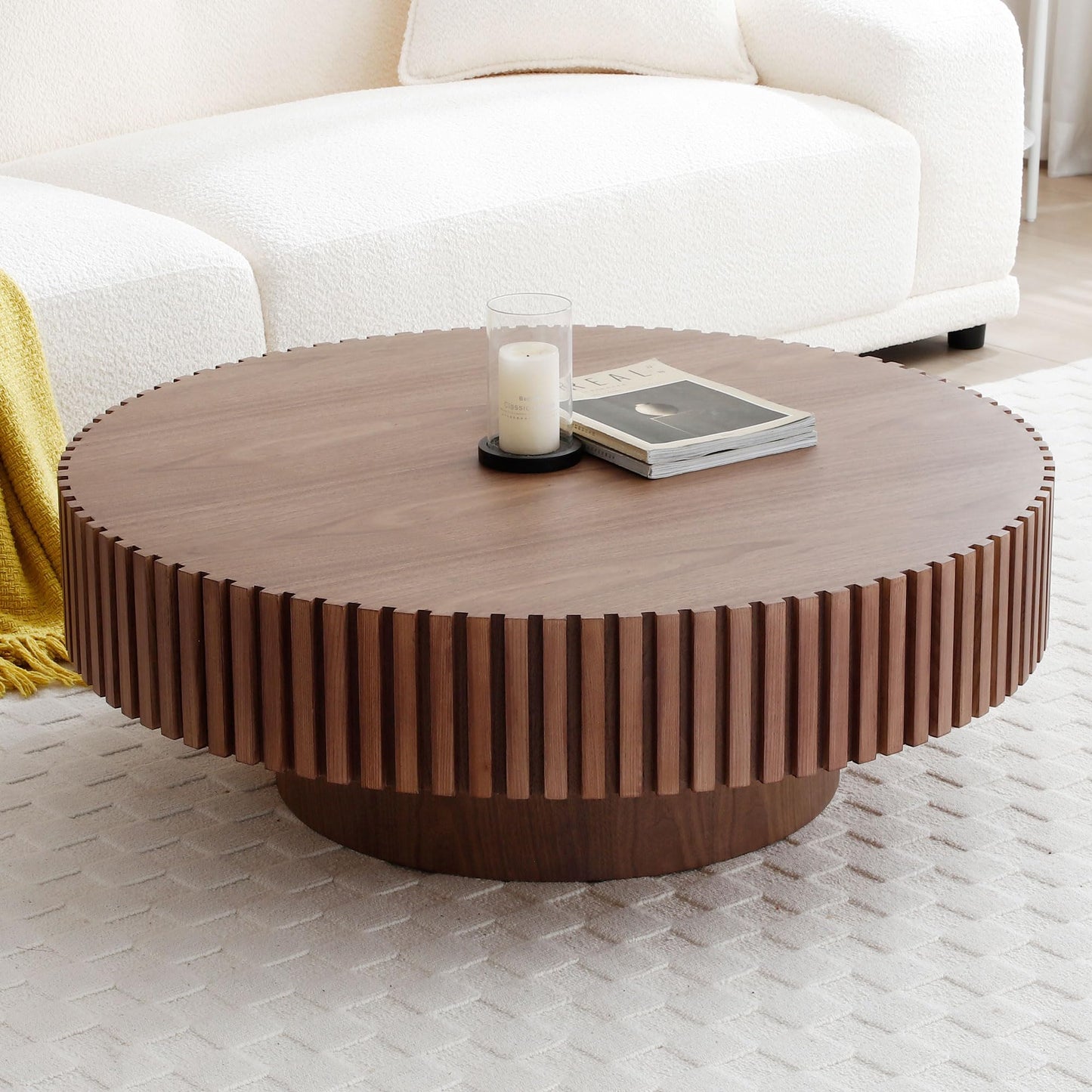 JURMALYN Walnut Round Coffee Table for Living Room Contemporary Circle Wood Coffee Table with Pedestal, Easy Assembly ø31.49'',