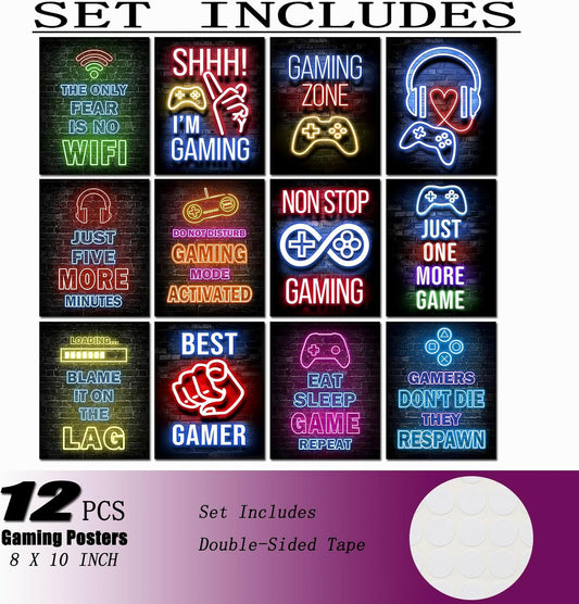 12Pcs Neon Gaming Posters for Teen Boys Room & Gaming Room Decor - 8x10 Inch Vibrant Gamer Wall Art Prints | No Frame Included | Cool Gifts for Gamers