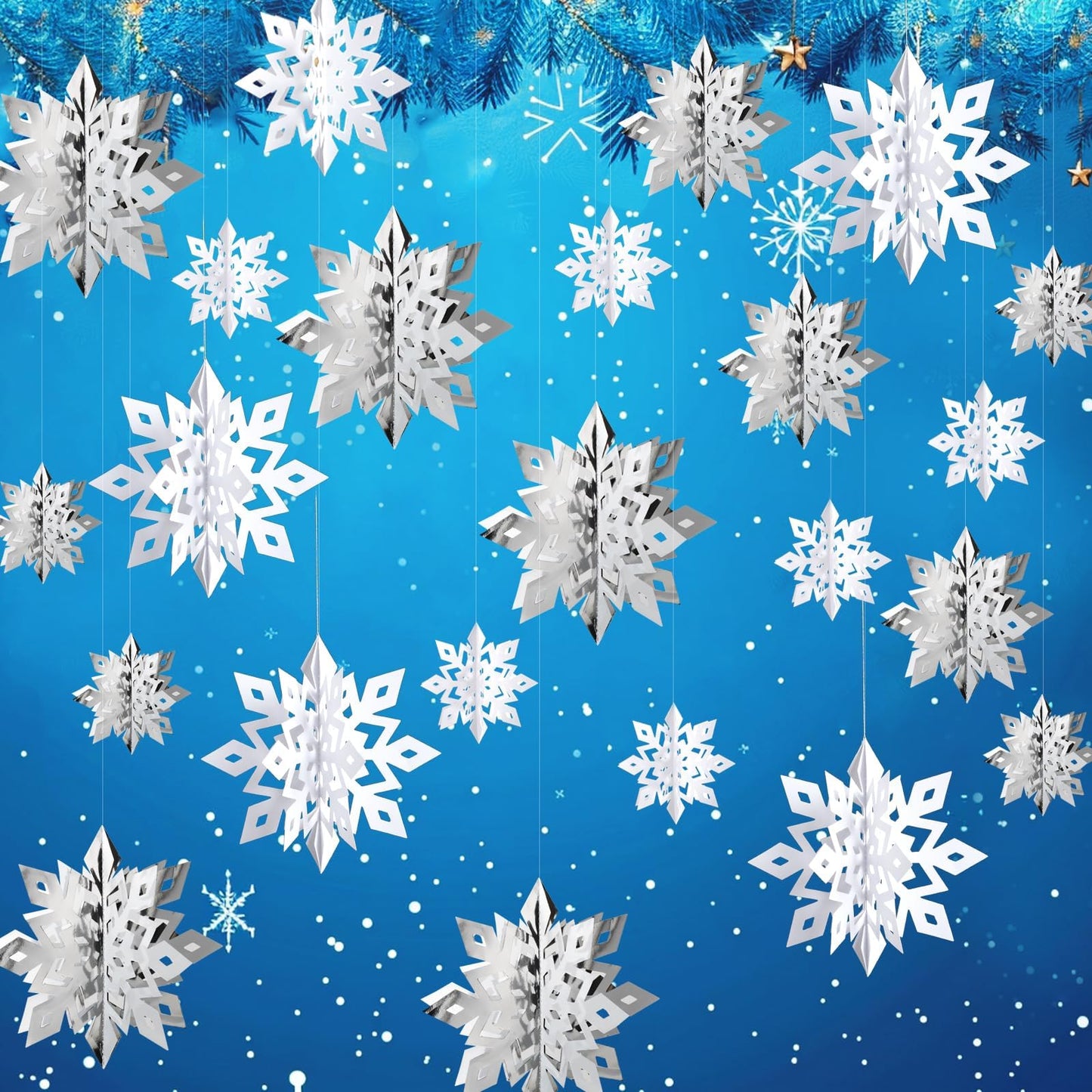 OuMuaMua Winter Christmas Snowflake Decorations Indoor, 24PCS 3D Large White and Silver Snowflakes Hanging Ornaments for Home Xmas Christmas Holiday Winter Wonderland New Year Party Decorations