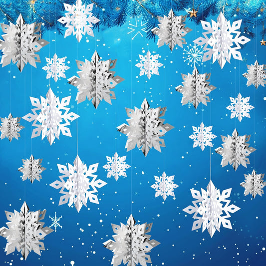 OuMuaMua Winter Christmas Snowflake Decorations Indoor, 24PCS 3D Large White and Silver Snowflakes Hanging Ornaments for Home Xmas Christmas Holiday Winter Wonderland New Year Party Decorations