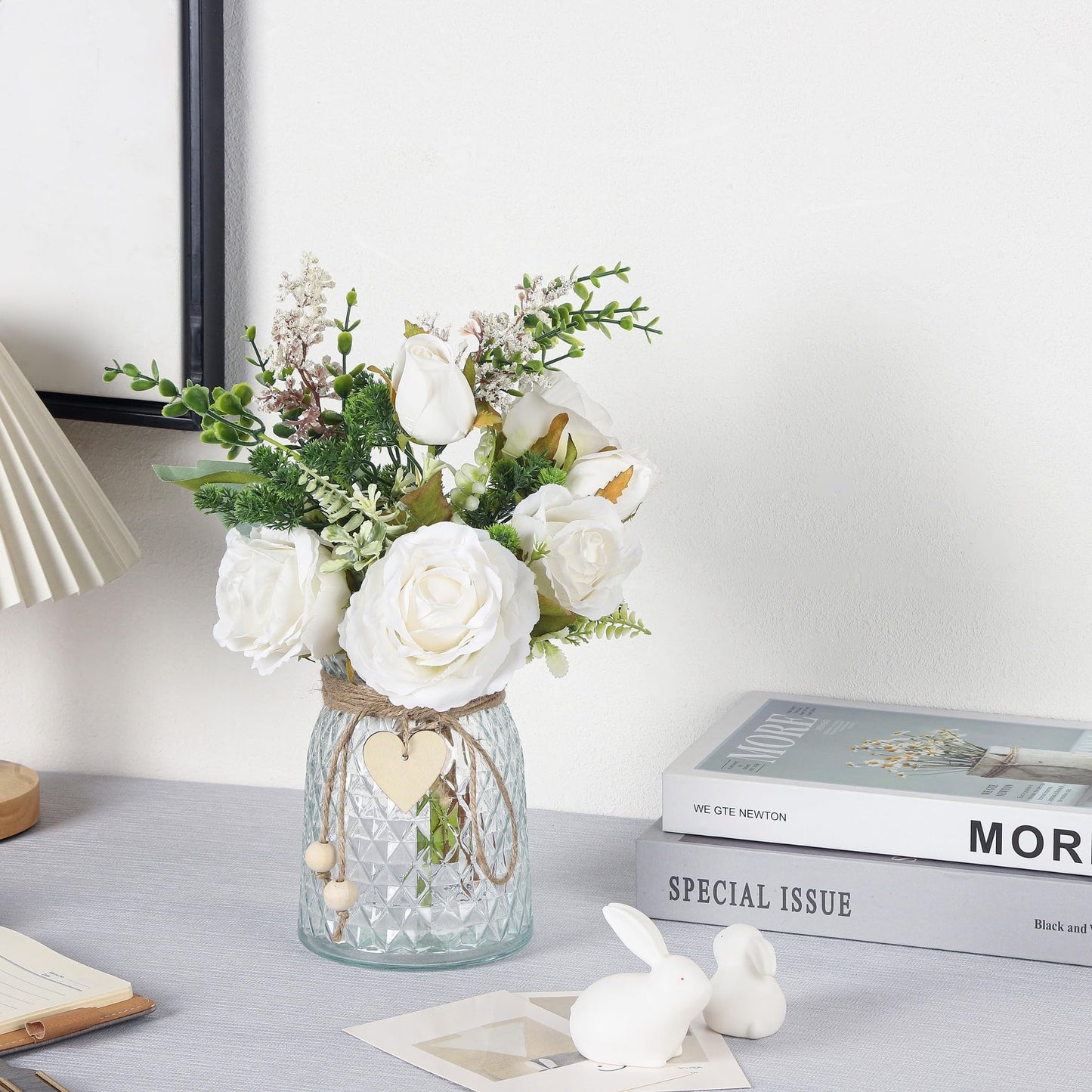 Flojery 2 Packs Faux Flowers in vase,Fake Flowers with Vase, Artificial Silk Roses in Vase, Artificial Flowers in Vase, Faux Flower Arrangement with Vase for Farmhouse (White with vase)