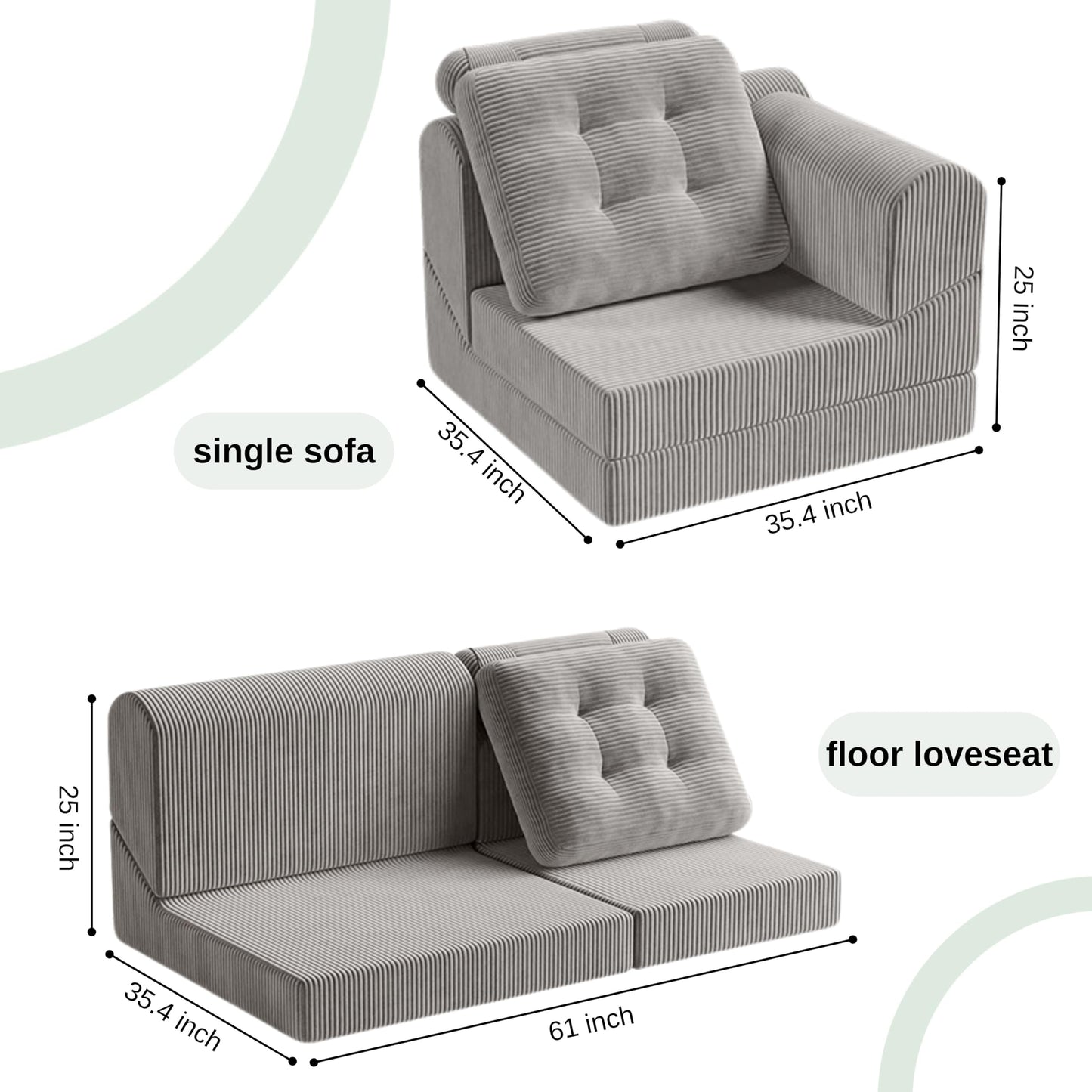 COMAX Folding Sofa Bed, 8-in-1 Foldable Floor Couch Corduroy Convertible Futon Sofa, Fold Out Chair Bed Sleeper Mattress Comfy Portable Lounge Loveseat Guest for Living Room Bedroom, Light Grey