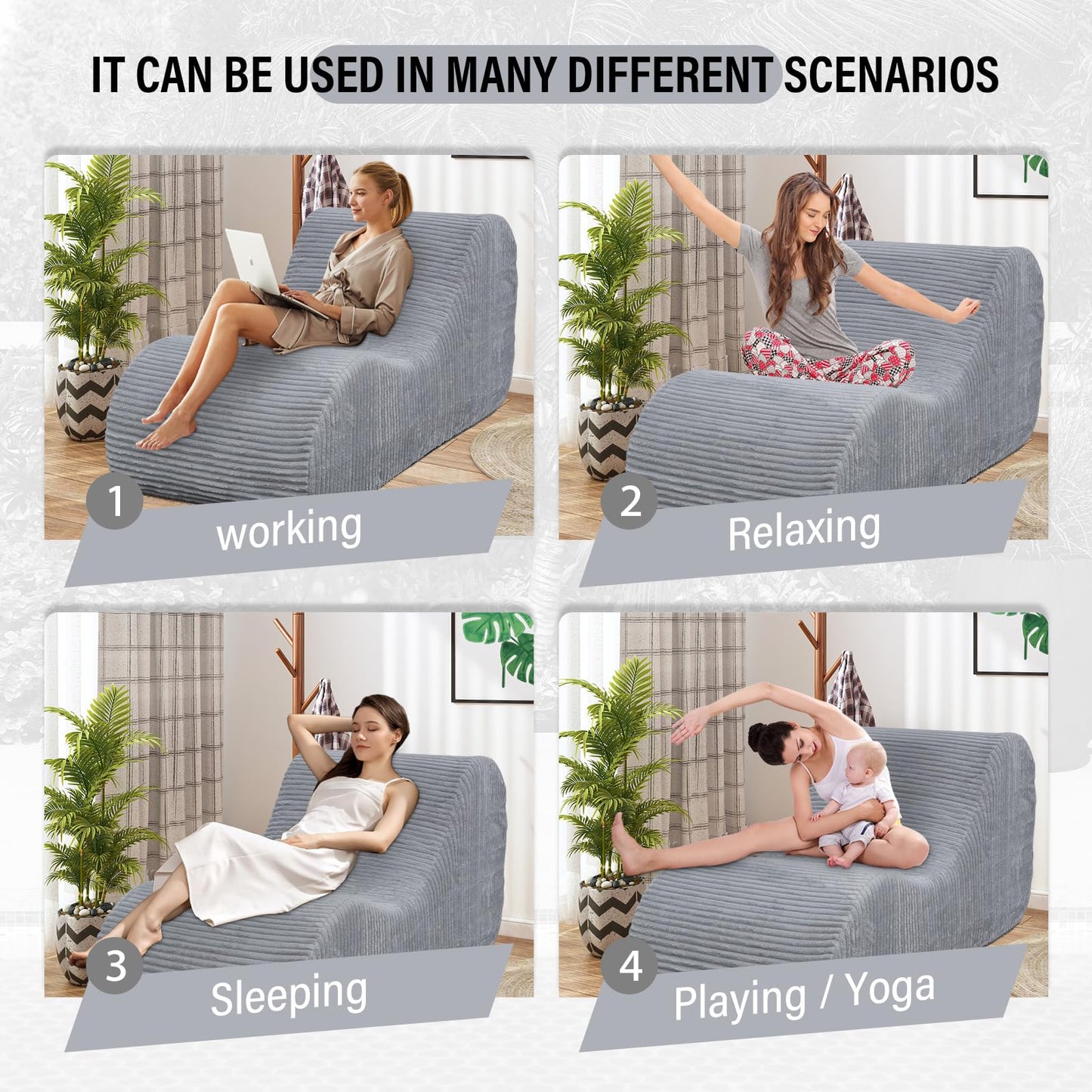Corduroy Chaise Lounge Chair Couch Indoor Boneless Oversized High-Density Sponge Soft Sofa Human Body Curves for Yoga, Light Grey