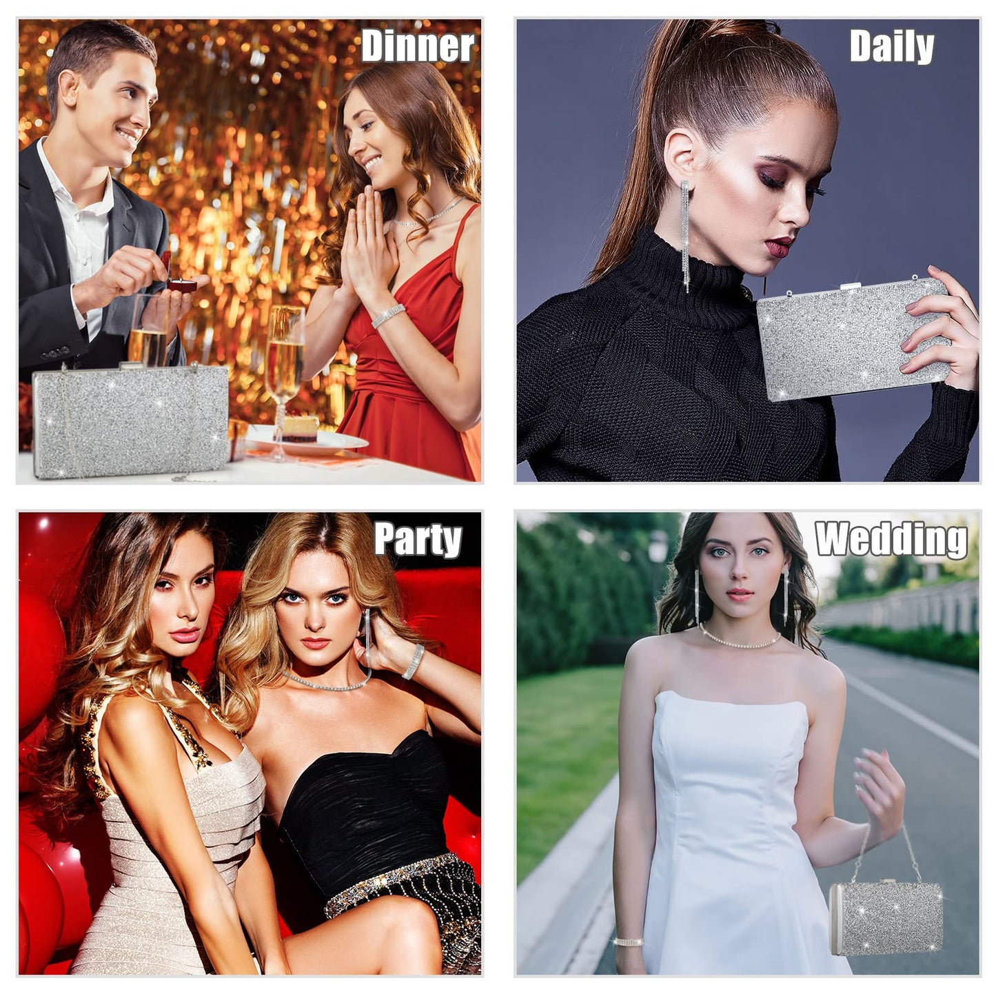 Kigeli 4 Pieces Women Rhinestone Evening Clutch Bag Bling Earring Necklace Bracelet for Wedding Formal(Silver)