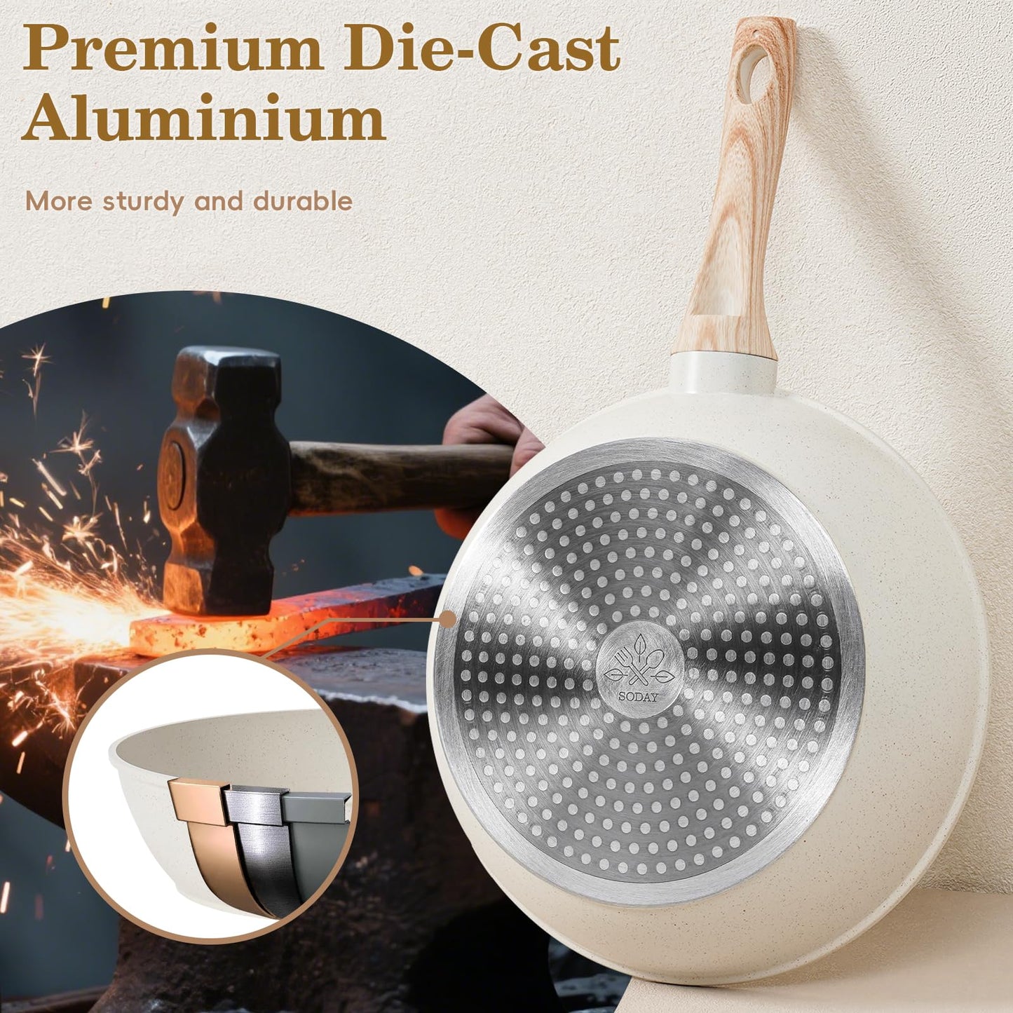 SODAY 12 Pcs Pots and Pans Set Non Stick, Cookware Sets White Granite Induction Cookware, Non-toxic Healthy Nonstick Kitchen Cooking Set with Frying Pans Set, Saucepans (PFAS/PFOA/PFOS Free)