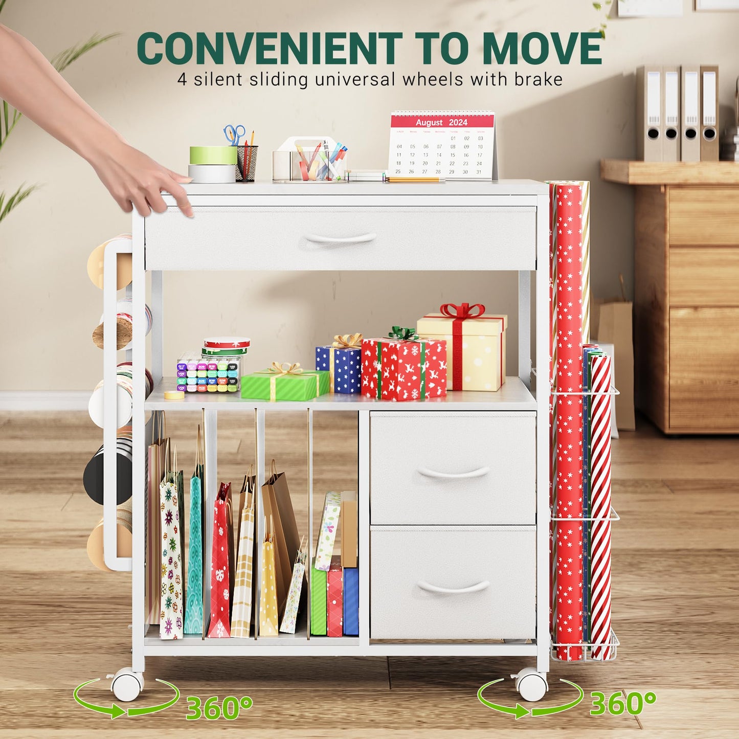 PUNLUXU Wrapping Paper Storage Cart, Rolling Gift Wrap Station with Ribbon and Gift Bag Storage, Wrapping Paper Organizer Holder, Craft Organizers and Storage, Craft Storage Cart 03 Patent Protected