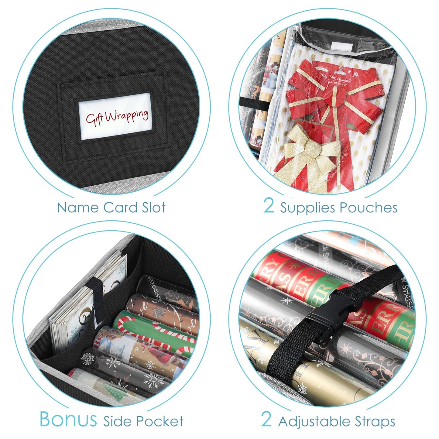 Hearth & Harbor Wrapping Paper Storage Container - Christmas Storage Bag with Interior Pockets - Gift Wrapping Organizer Storage Fits Up to 22 Rolls of 40" - Tear Proof Wrapping Paper Organizer