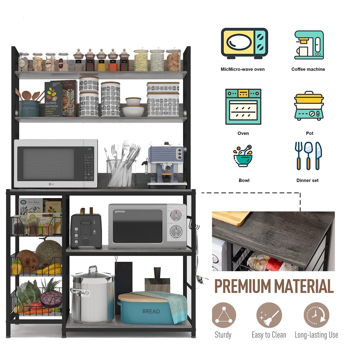 Chnnmbrn Kitchen Bakers Rack with Baskets,Free Standing Shelf,5-Tier Kitchen Utility Storage Shelf with Hooks, Microwave Oven Stand Rack Grey