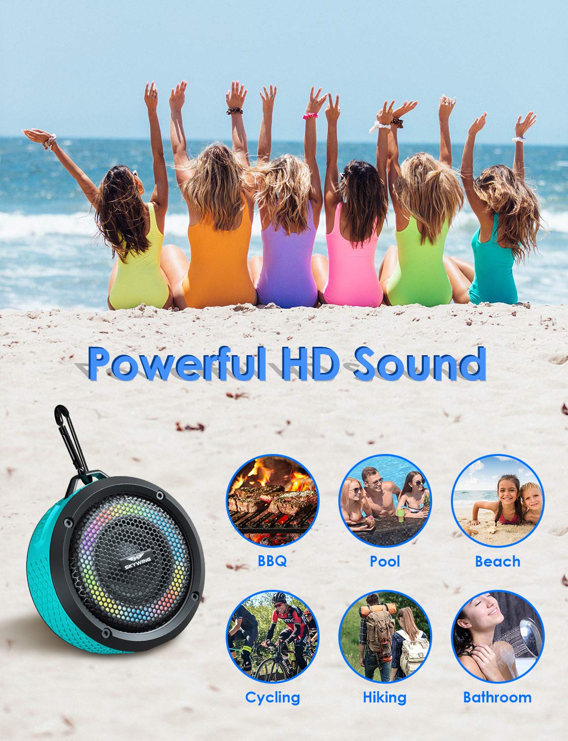 SKYWING Soundace S6 IPX7 Waterproof Shower Speaker 5W Bass+ Bluetooth with Suction Cup Hook Lanyard RGB Light, Premium Mini Portable Outdoor Wireless Speaker for Bike Pool Beach