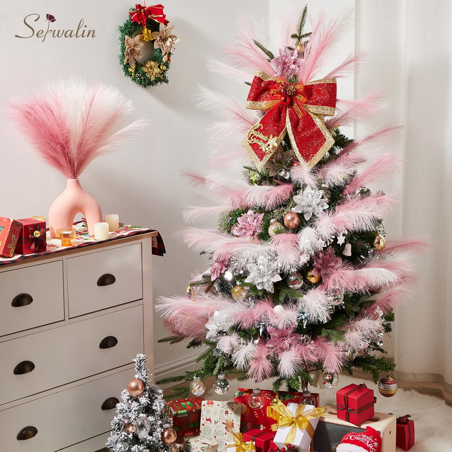 Serwalin 60 Pcs Pink Pampas Grass Decor, 17.7" Faux Pampas Grass, Short Artificial Fluffy Pompas Grass Vase Filler Flower Arrangement for Boho Home Wedding Living Room Wall Party Decoration