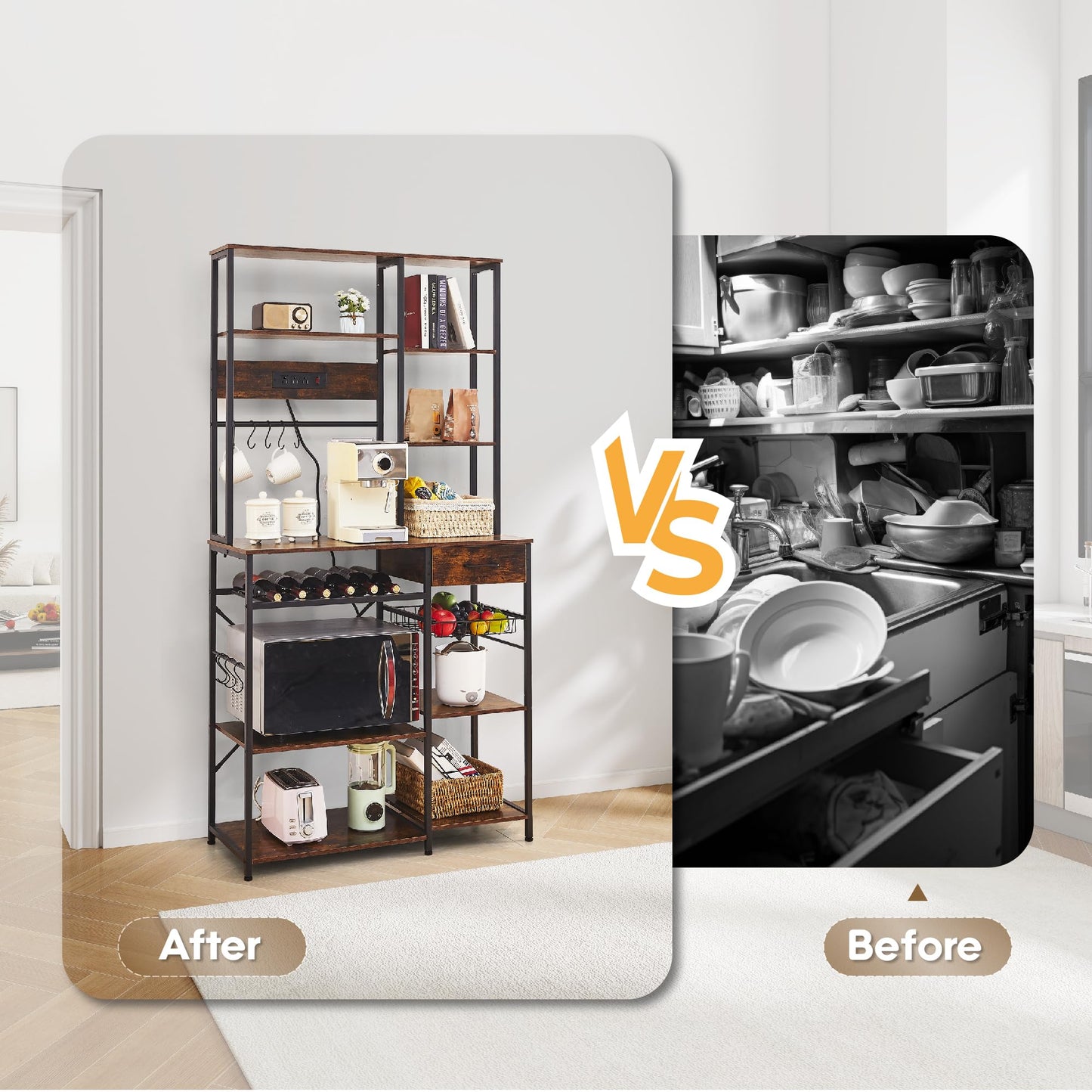 Large Bakers Rack with Power Outlets, 37.1 Kitchen Bakers Rack with Storage, 5-Tier Microwave Stand Kitchen Storage Rack with 9 S-Shaped Hooks and Wire Basket