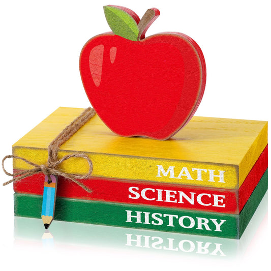 Yousoontic 4 Pcs Back to School Table Decor First Day of School Tiered Tray Decoration Apple Book Pencil Classroom Decor Wood Stacks Books Centerpiece for Classroom Home Office Desk Decorations