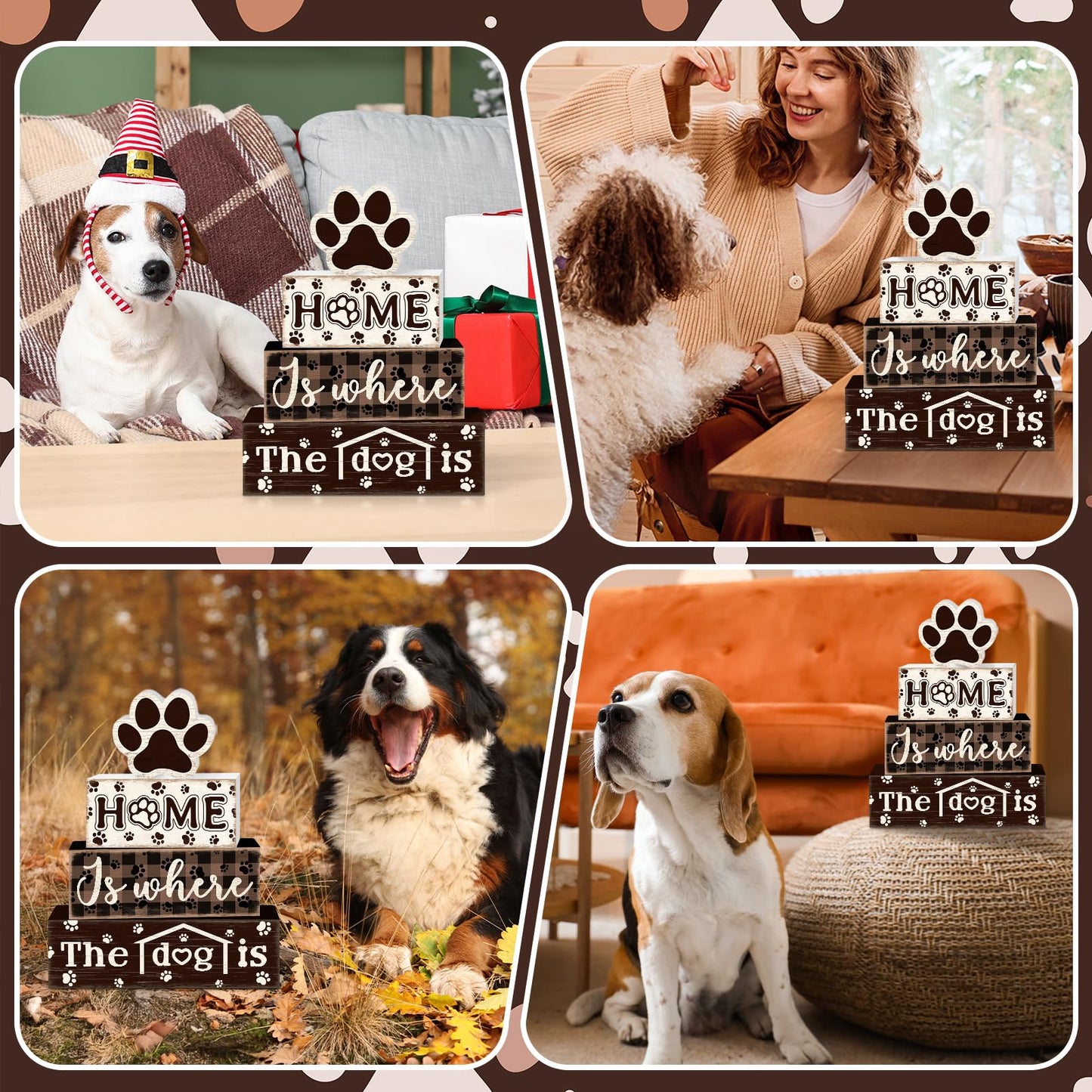 TOMPOP 4 Pcs Farmhouse Dog Wooden Tiered Tray Decor Set, Rustic Home Dog Wood Table Decor Dog Paw Distressed Stack Block Signs Tabletop Centerpieces for Home Desk Kitchen Shelf Mantle Decorations