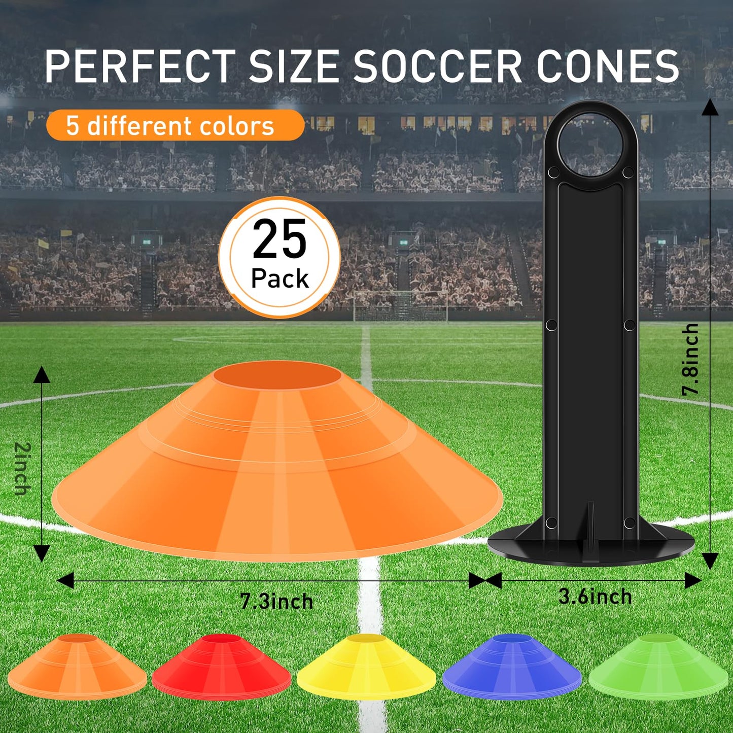 CasaCulina 25 Pack Soccer Training Cones, Agility Disc Sports Cones with Carry Bag and Holder, Plastic Football Cones for Drills, Sports Training, Basketball, Coaching, Practice Equipment, 5 Color