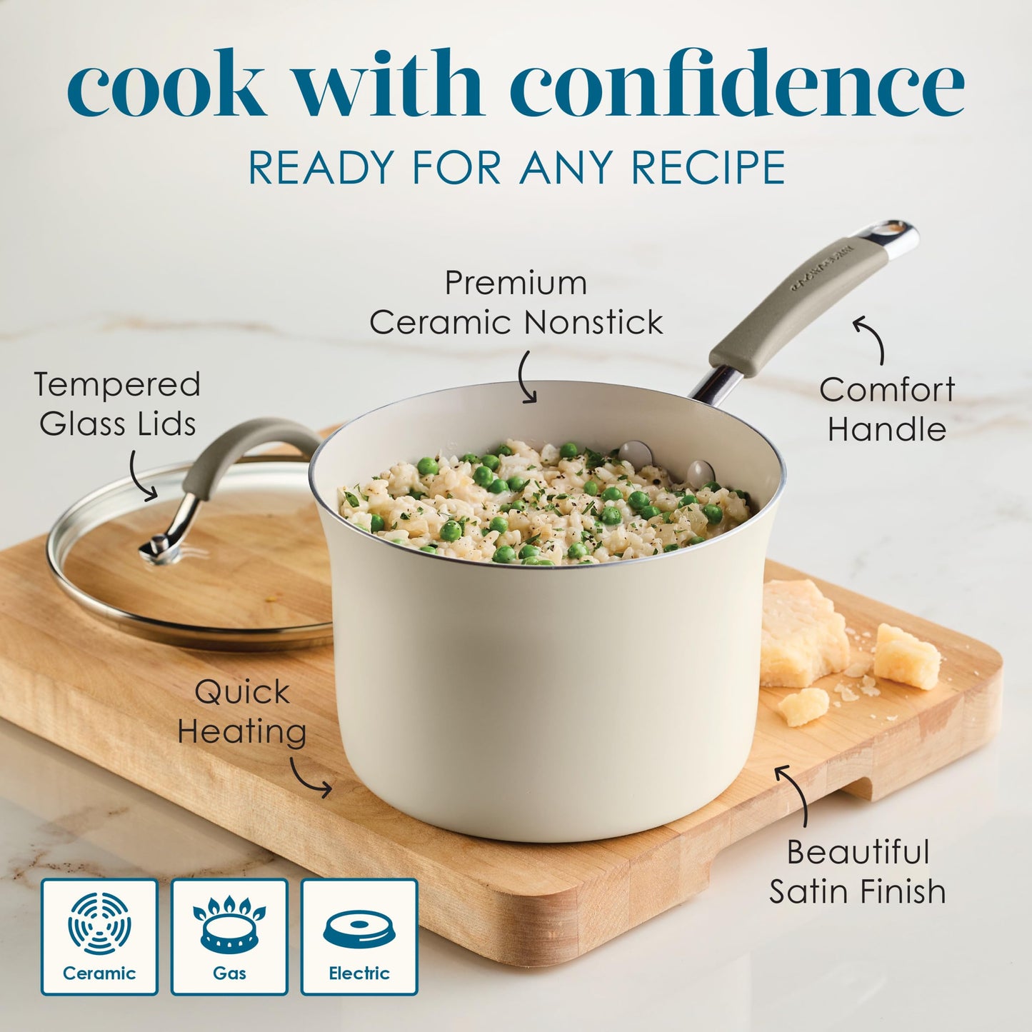 Rachael Ray Cucina Ceramic Nonstick Pots and Pans Set with Saucepans, Saute, Frying Pans, Stockpot, Lids, Pan Protectors, and Cooking Utensils, 13 Piece Non Stick Cookware Set - Almond