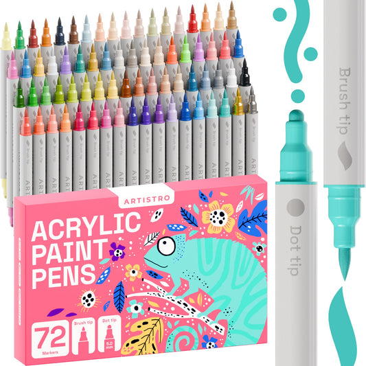 ARTISTRO 24 Acrylic Paint Markers for Fabric, Rocks, Paper, Wood, Canvas, Glass, DIY - Safe for Kids Dual Tip Acrylic Paint Pens (Dual Tip Dot + Brush, 24)