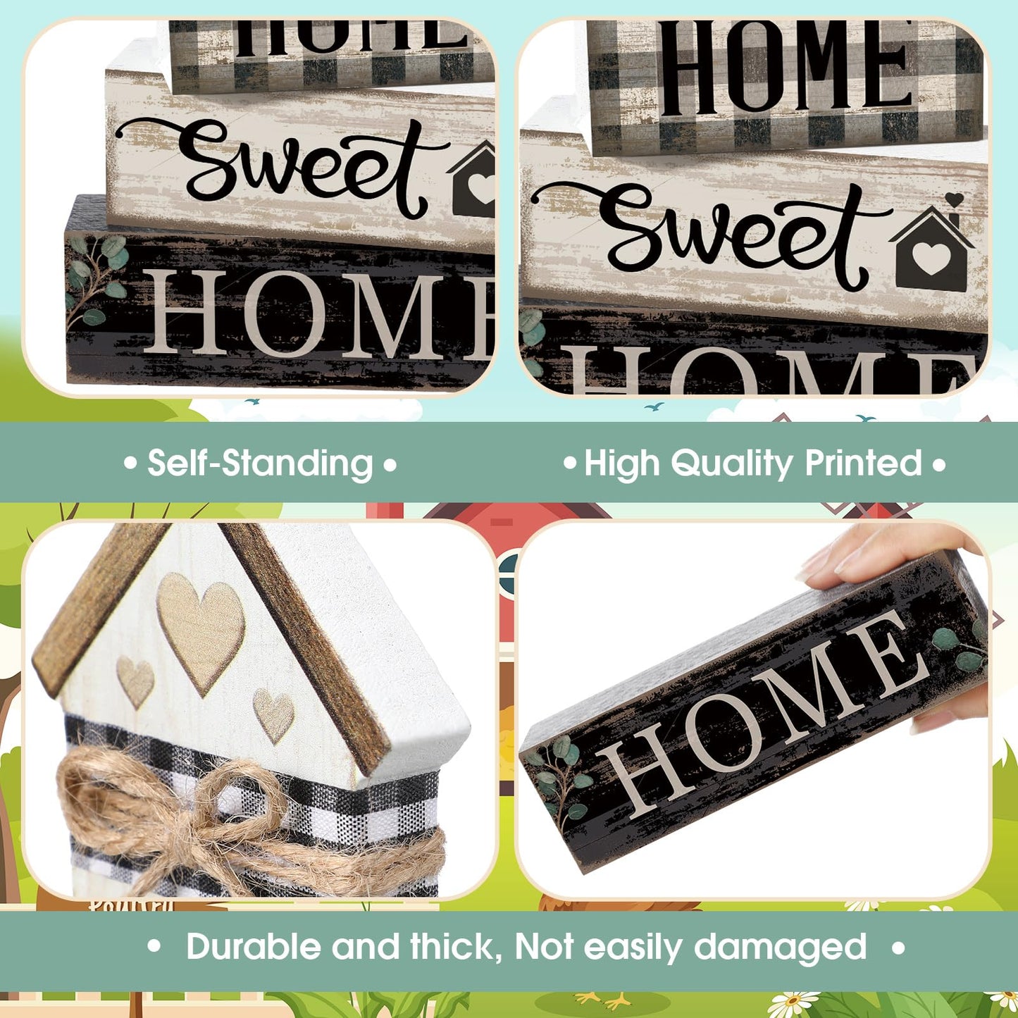 Moucuny 4 Pcs Farmhouse Wooden Tabletop Decor Sweet Home Tiered Tray Decor Rustic Retro Wood House Shaped Block Sign Housewarming Gifts Neutral Centerpiece Farmhouse Table Sign for Home Shelf Mantle