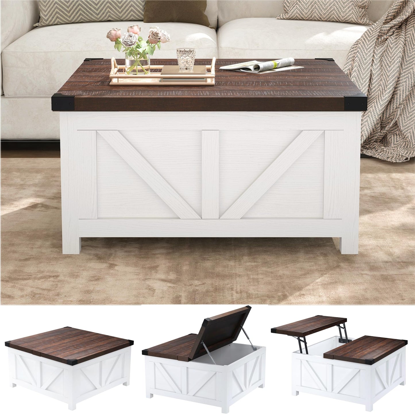 jimeimen Farmhouse Lift Top Coffee Table with Storage, Wood Square Center Table with Charging Station&USB Port, Living Room Table w/Large Hidden Space, for Living Room, Bedroom, Home Office, White