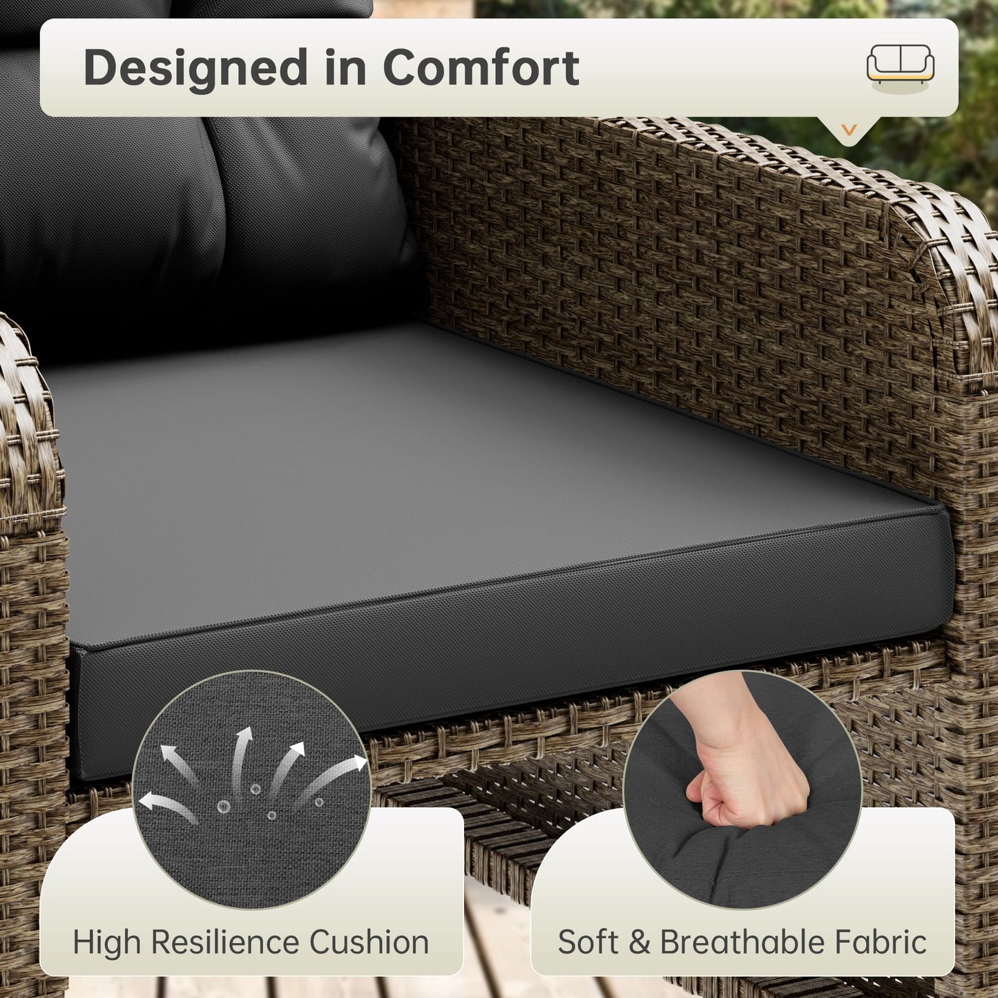 LHBcraft Balcony Furniture 5 Piece Patio Conversation Set, PE Wicker Rattan Outdoor Lounge Chairs with Soft Cushions 2 Ottoman&Glass Table for Porch, Lawn