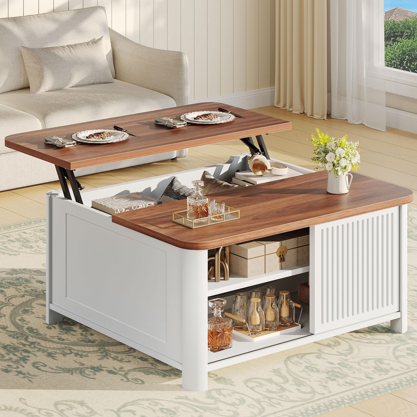 Decofy Lift Top Coffee Table with Storage, 31.5" Mid Century Modern Square Coffee Tables for Living Room, Large Hidden Storage Compartment, Adjustable Shelves & Sliding Door, White