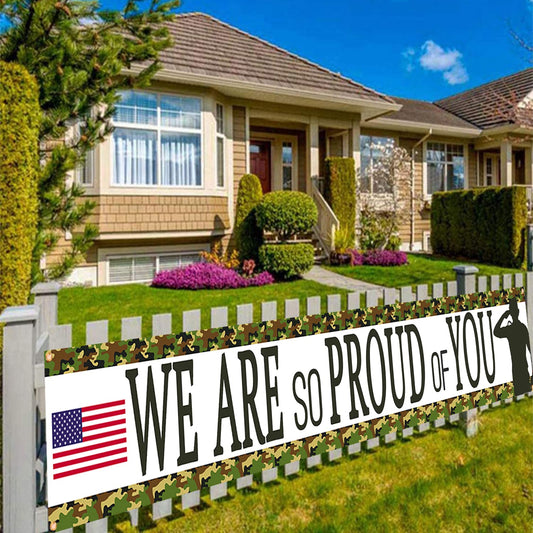 DodelyGz Camouflage We Are So Proud Of You Backdrop Banner,Veterans Day Memorial Day Independence Day Deployment Returning Back Military Army Retirement Party Decor