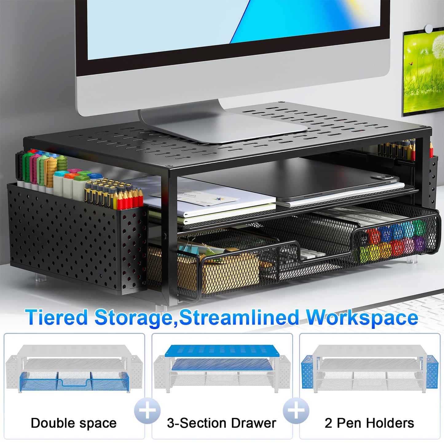 gianotter Desk Organizers and Accessories, Monitor Stand with Drawer and 2 Pen Holder, Desktop Organizer Suitable for Offices and Dormitories (Black)