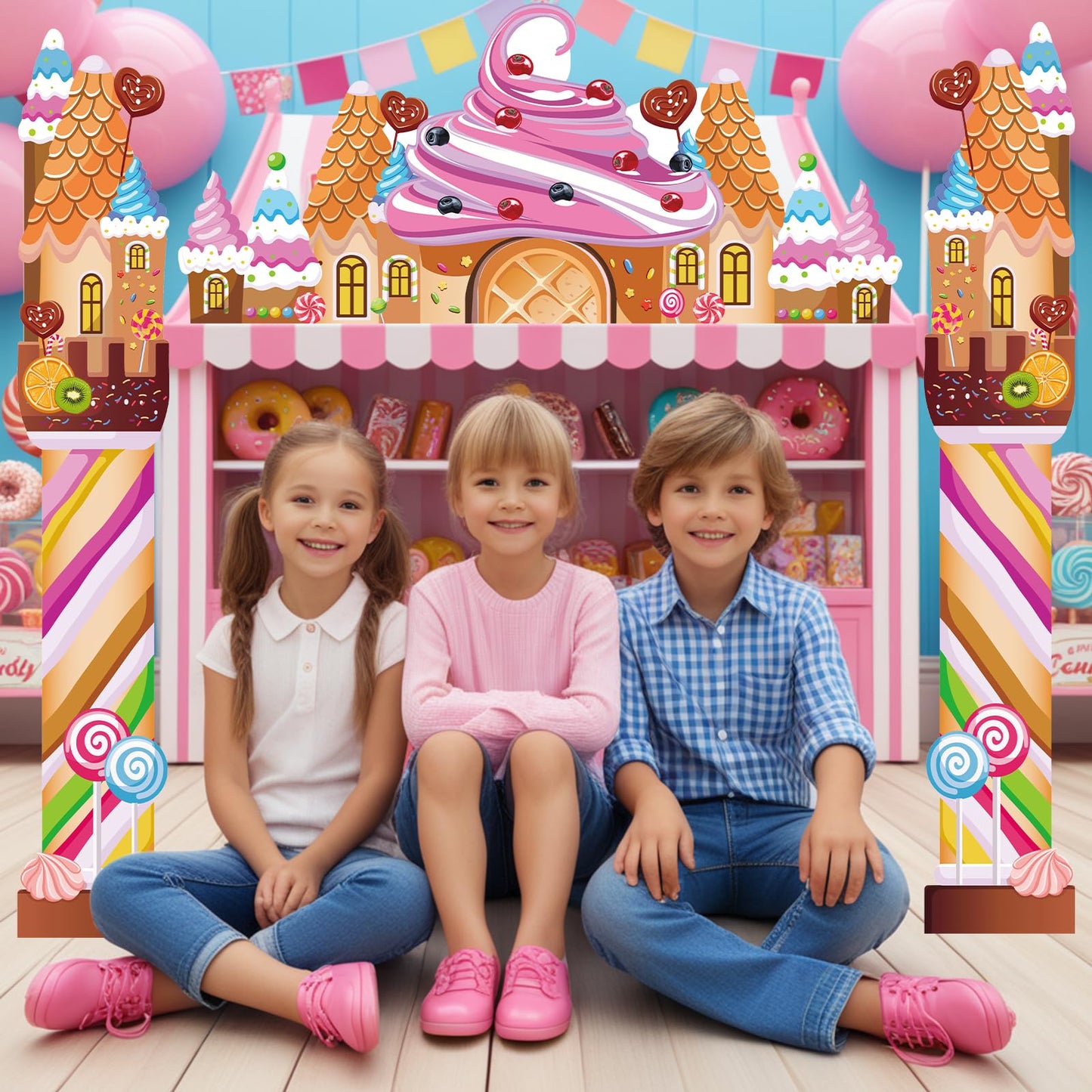 3 Pcs Candyland Party Decorations Door Banner Sweet Candy Porch Hanging Banner Pink Lollipop Signs Awning Backdrop for Christmas Baby Shower Birthday Party Supplies Photo Prop Indoor Outdoor