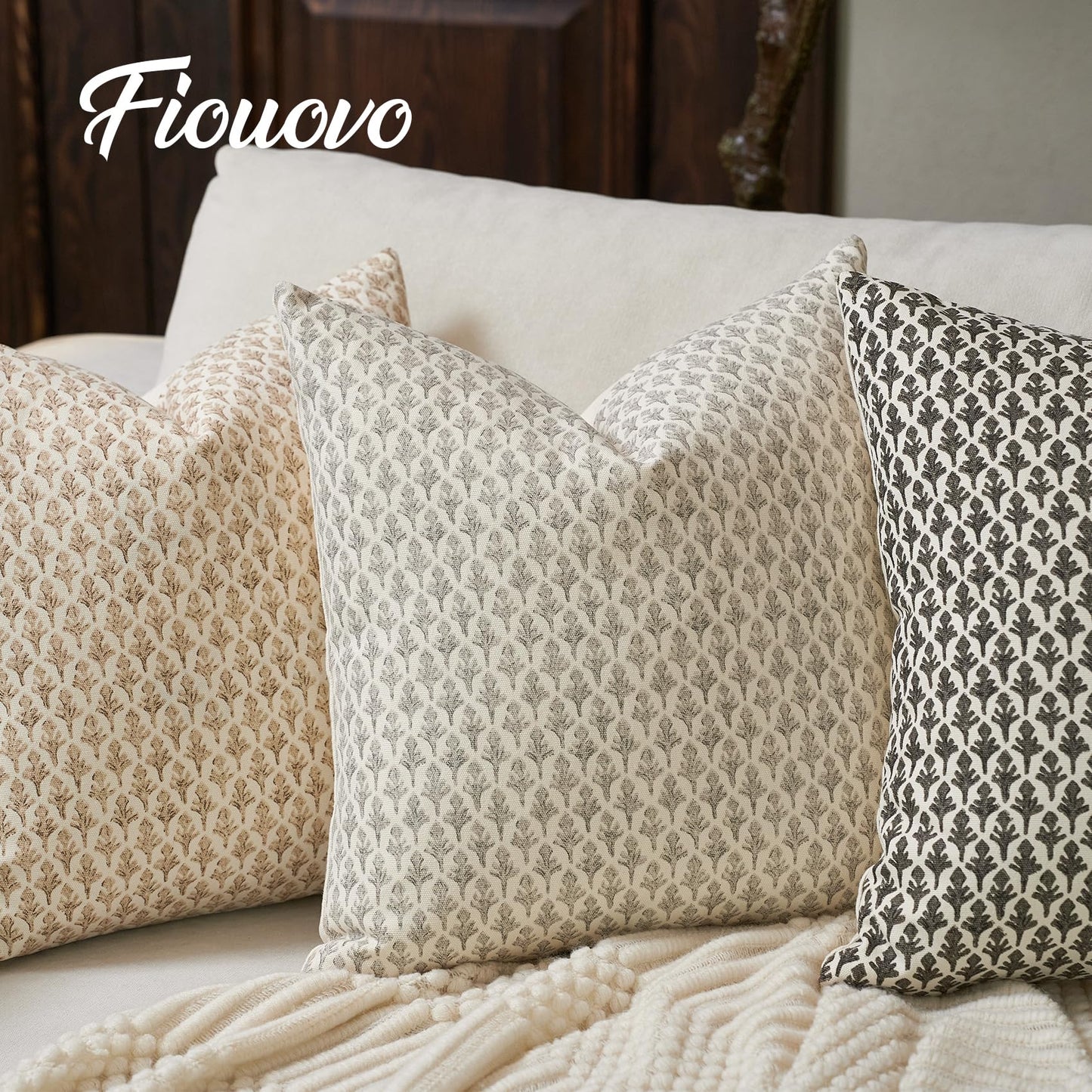 FIOUOVO Floral Pillow Covers 18x18 Pillow Cover Block Print Couch Pillows for Living Room Decorative Neutral Accent Throw Pillow Covers, 1PC, Light Taupe