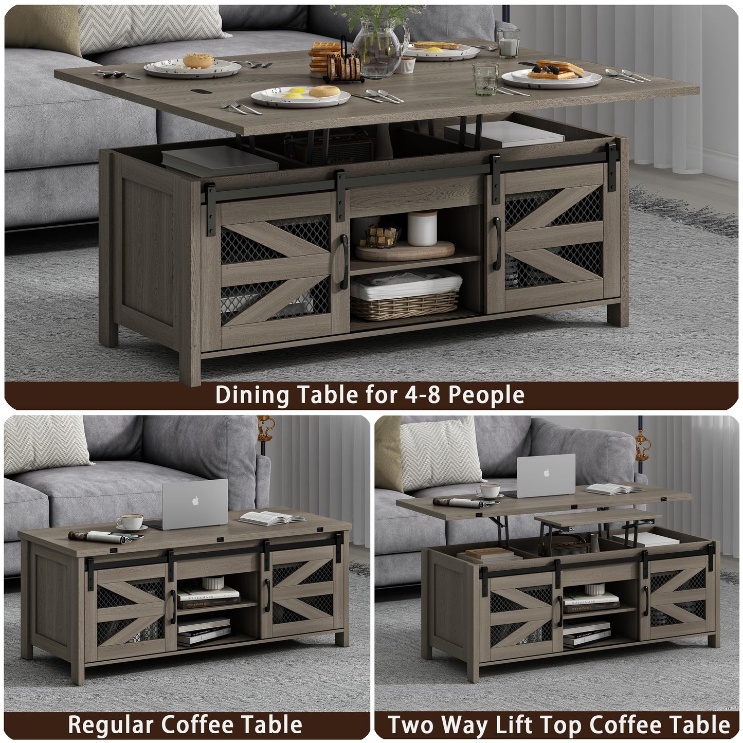 47.2" Lift Top Coffee Table, 4 in 1 Farmhouse Coffee Table with Storage and Sliding Barn Doors, Coffee Tables for Living Room, Dining Room (Grey)