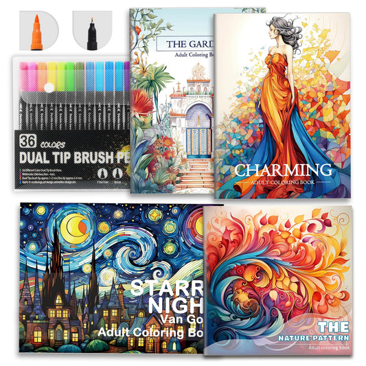 CKMOREL Adult Coloring Books for Women Relaxation, 4Pcs Mindfulness Coloring Books for Women with 36 Colors Markers, 36 Dual Tip Colors Markers(Brush and Fine Point), Anxiety Relief Mindfulness Gift