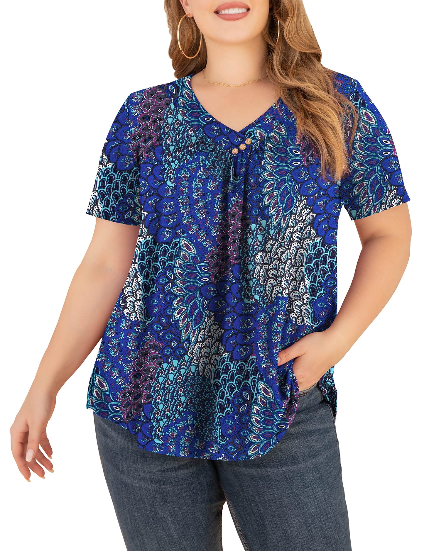 FOLUNSI Plus Size Tunic Tops for Women Loose Fit Pleated Front Flowy Shirt Blouses Peacock Print, XL